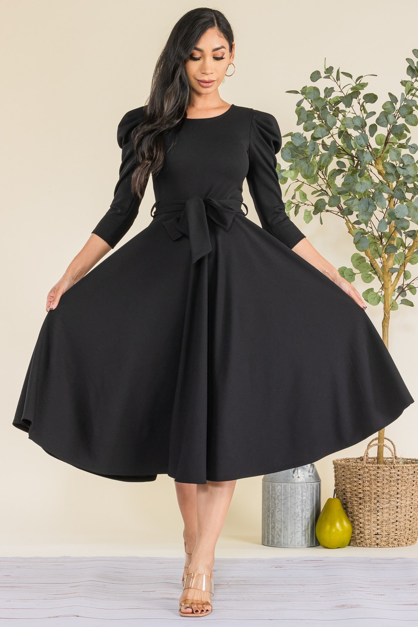 HH698X-LS-S1 Plus Size Puff Sleeve Midi A-Line Dress with Waist Tie