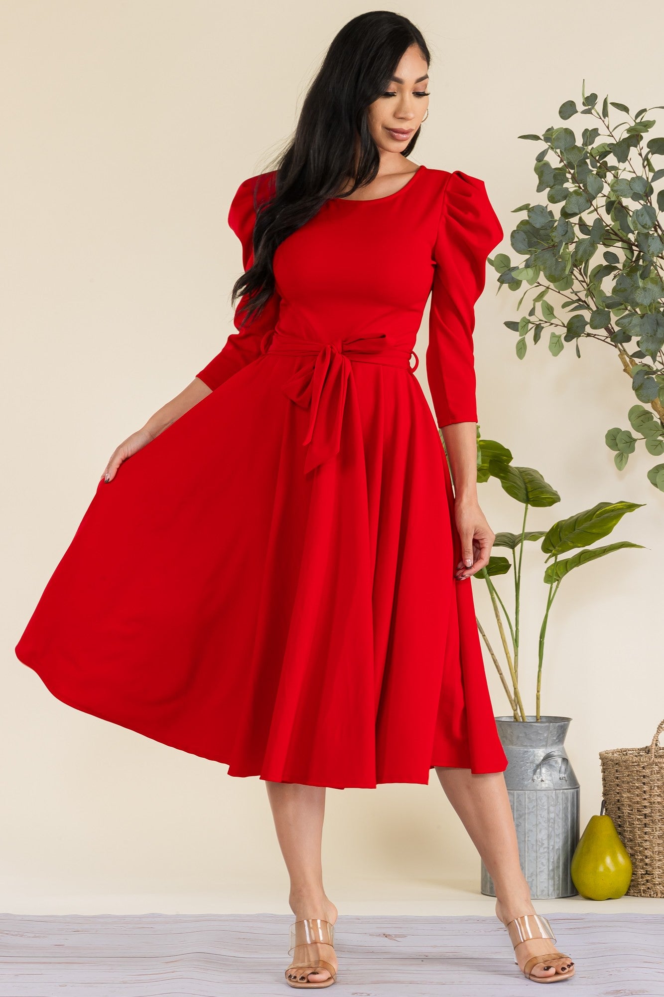 HH698X-LS-S1 Plus Size Puff Sleeve Midi A-Line Dress with Waist Tie