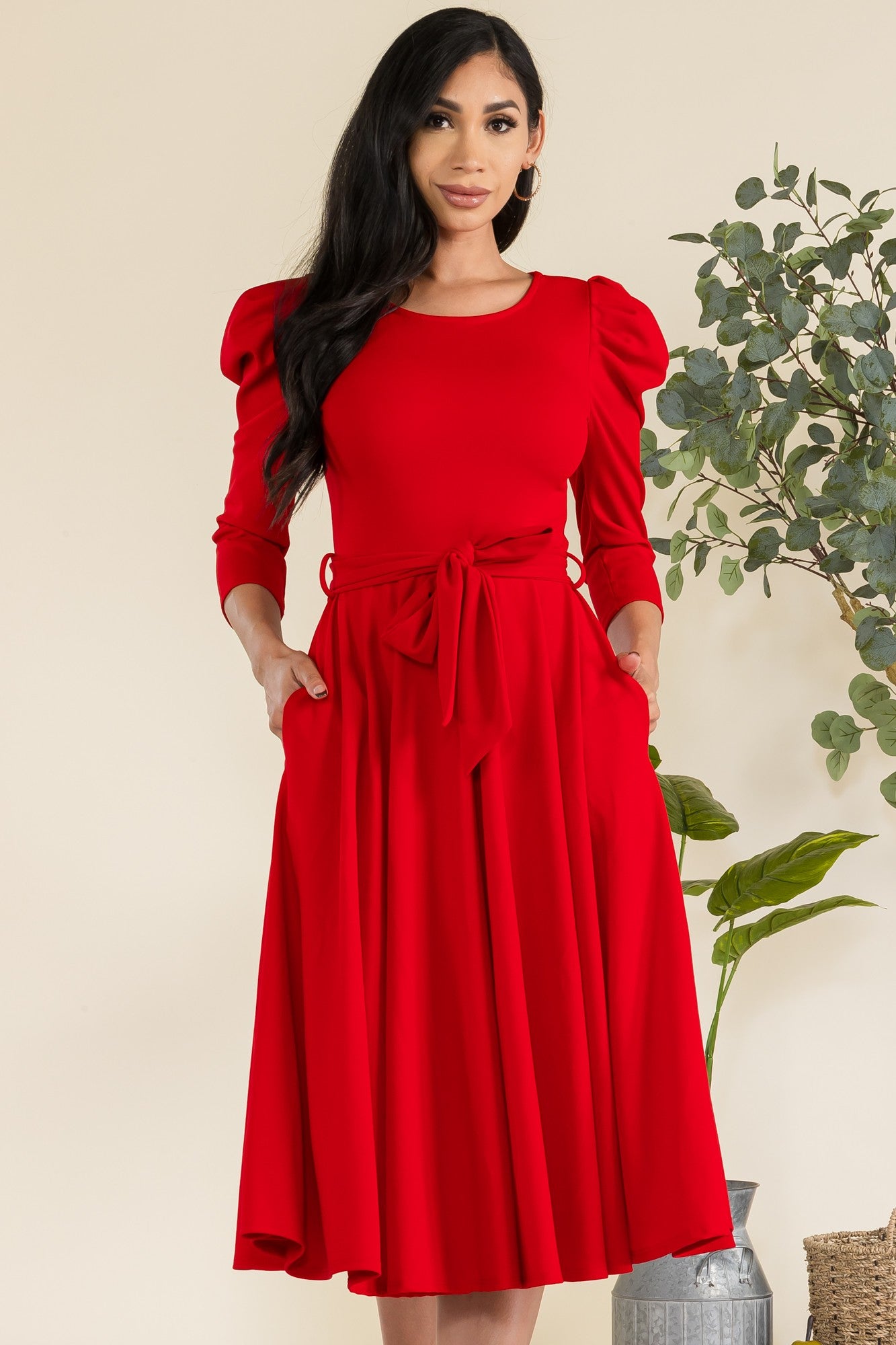 HH698X-LS-S1 Plus Size Puff Sleeve Midi A-Line Dress with Waist Tie