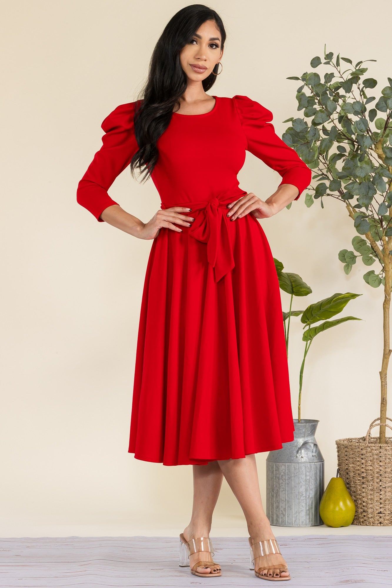 HH698R-LS-S2 Puff Sleeve Midi A-Line Dress with Waist Tie