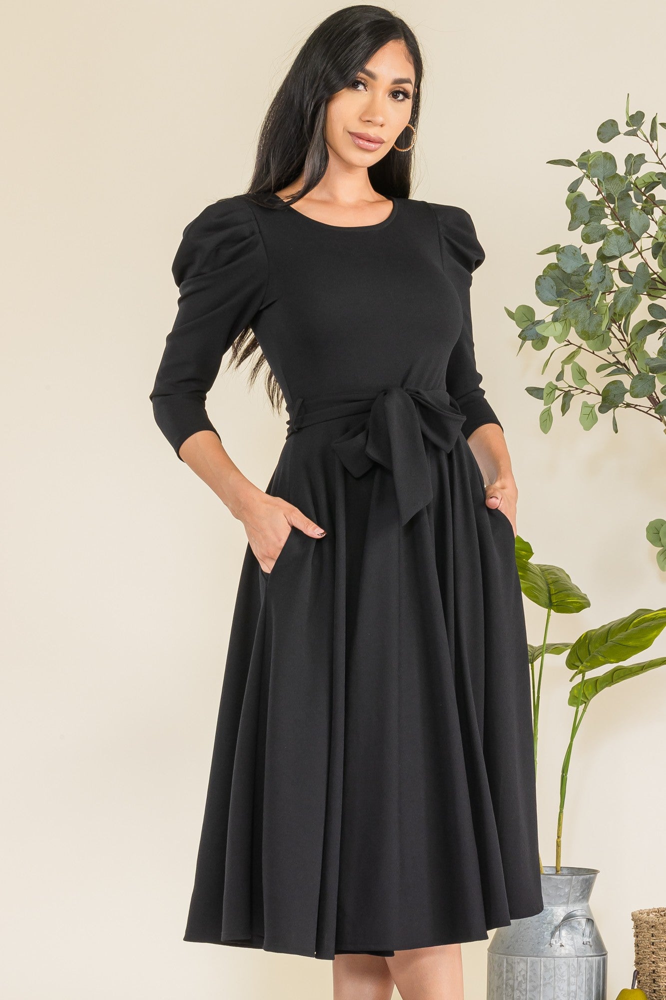 HH698X-LS-S1 Plus Size Puff Sleeve Midi A-Line Dress with Waist Tie