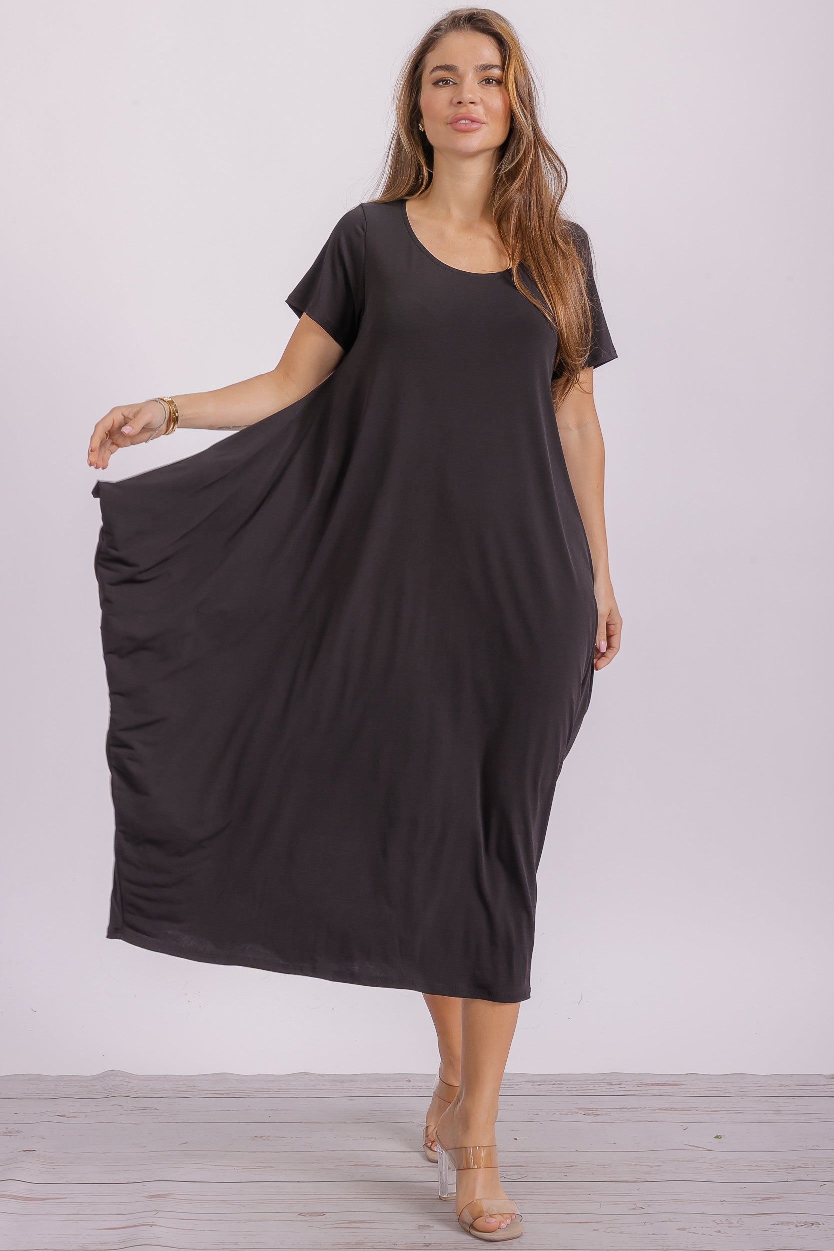 SAN152BX-S Plus Size Relaxed Pocket Detail Oversized Midi Dress