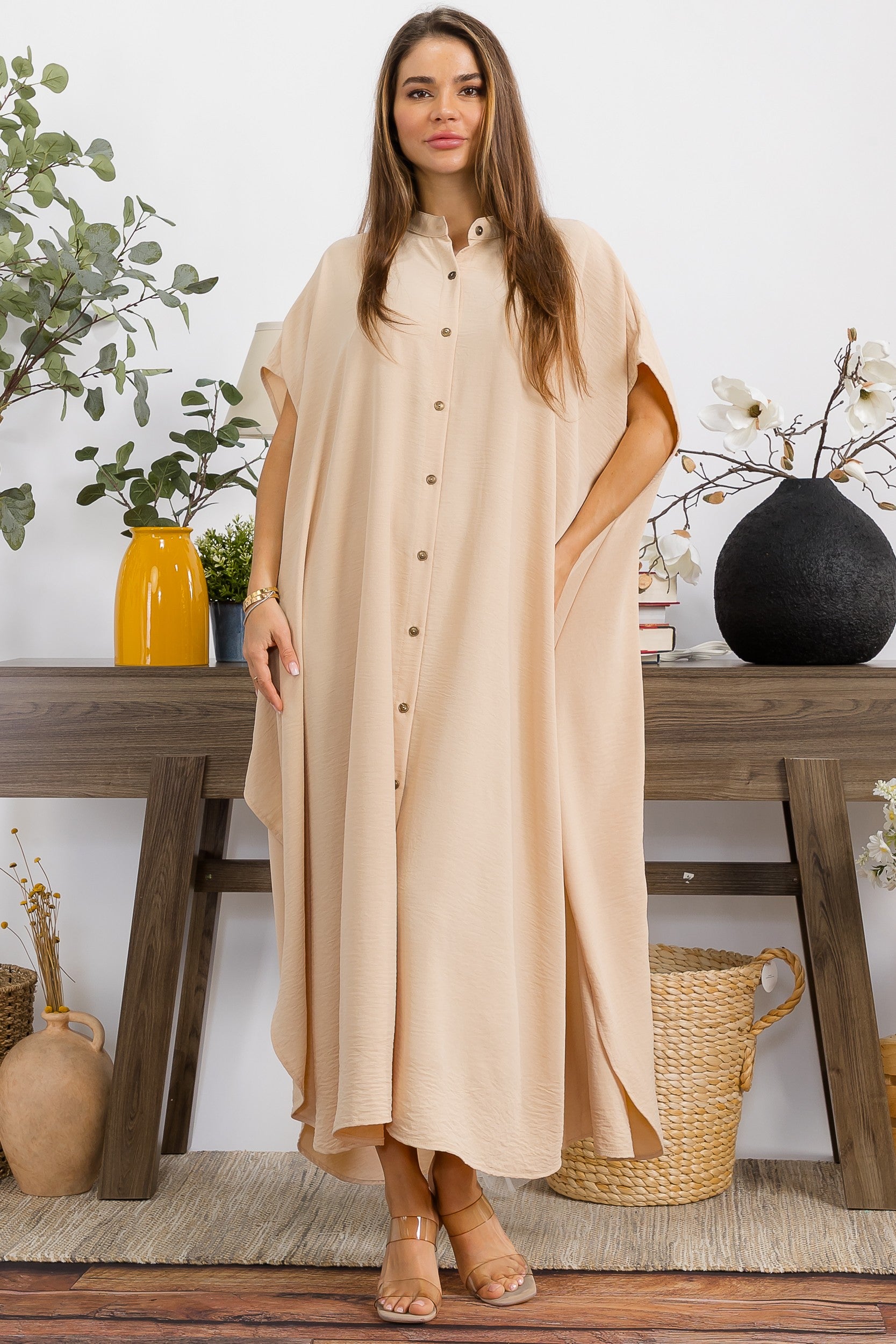 S25653-R Relaxed Button Front Oversized Maxi Dress