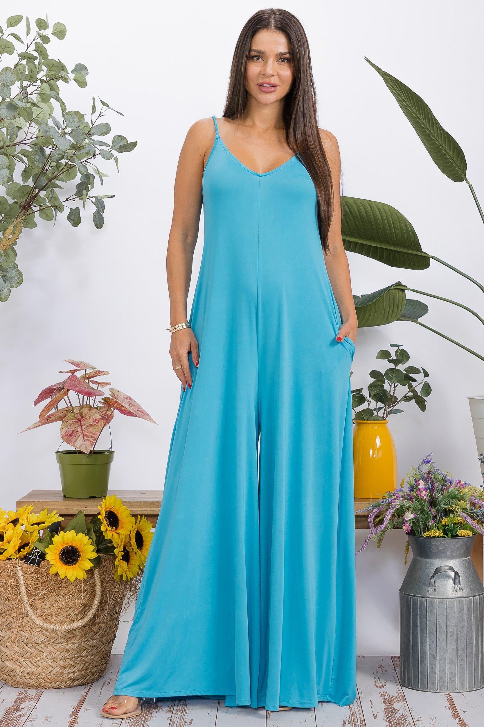 HH697R-S2 - Wide-Leg Spaghetti Strap Jumpsuit