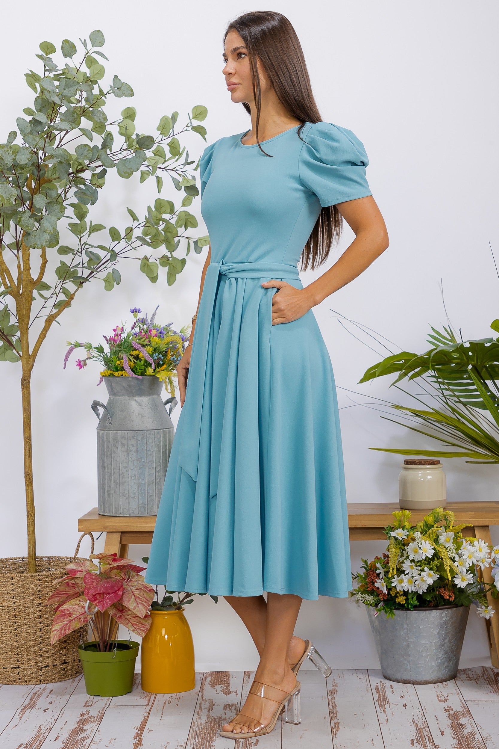 HH698BX-S1 Plus Size Puff Sleeve Midi Dress