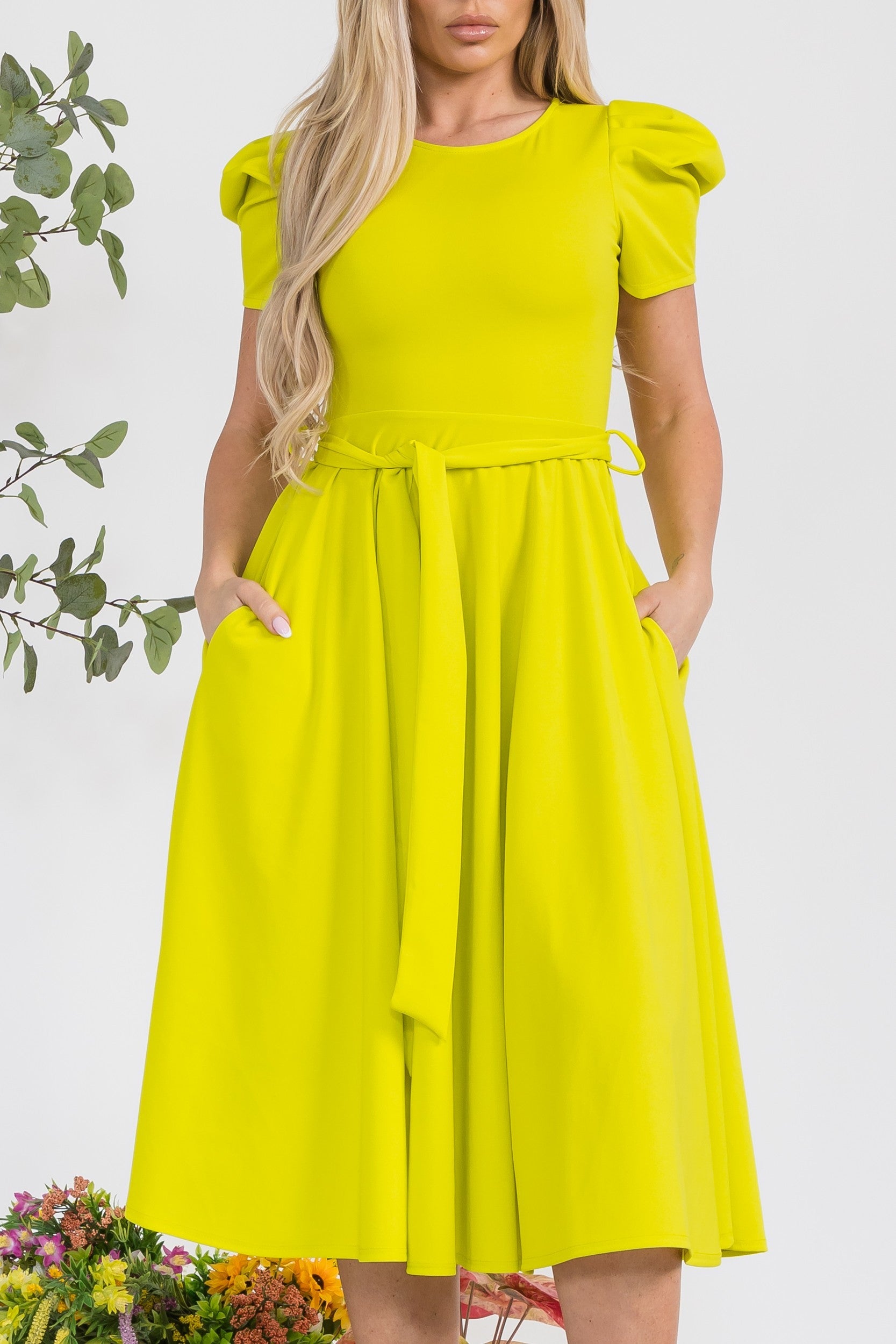HH698BX-S1 Plus Size Puff Sleeve Midi Dress