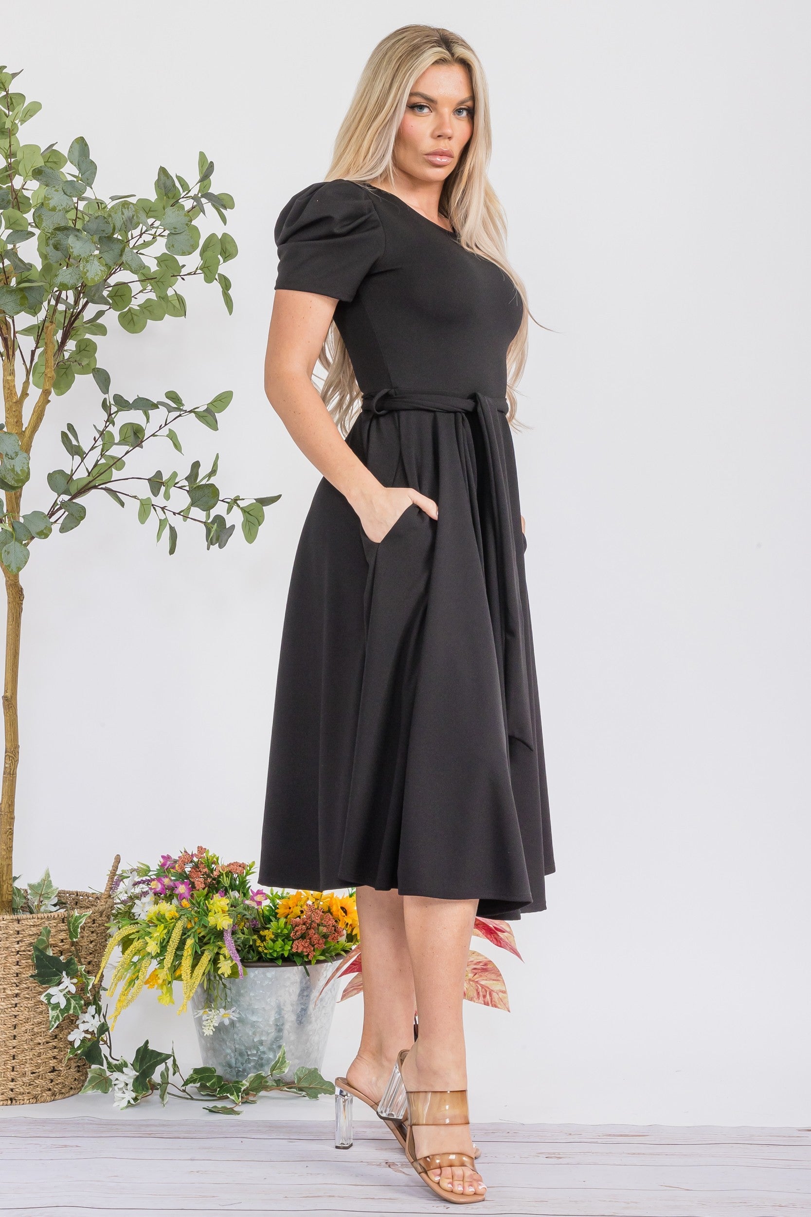 HH698BX-S1 Plus Size Puff Sleeve Midi Dress