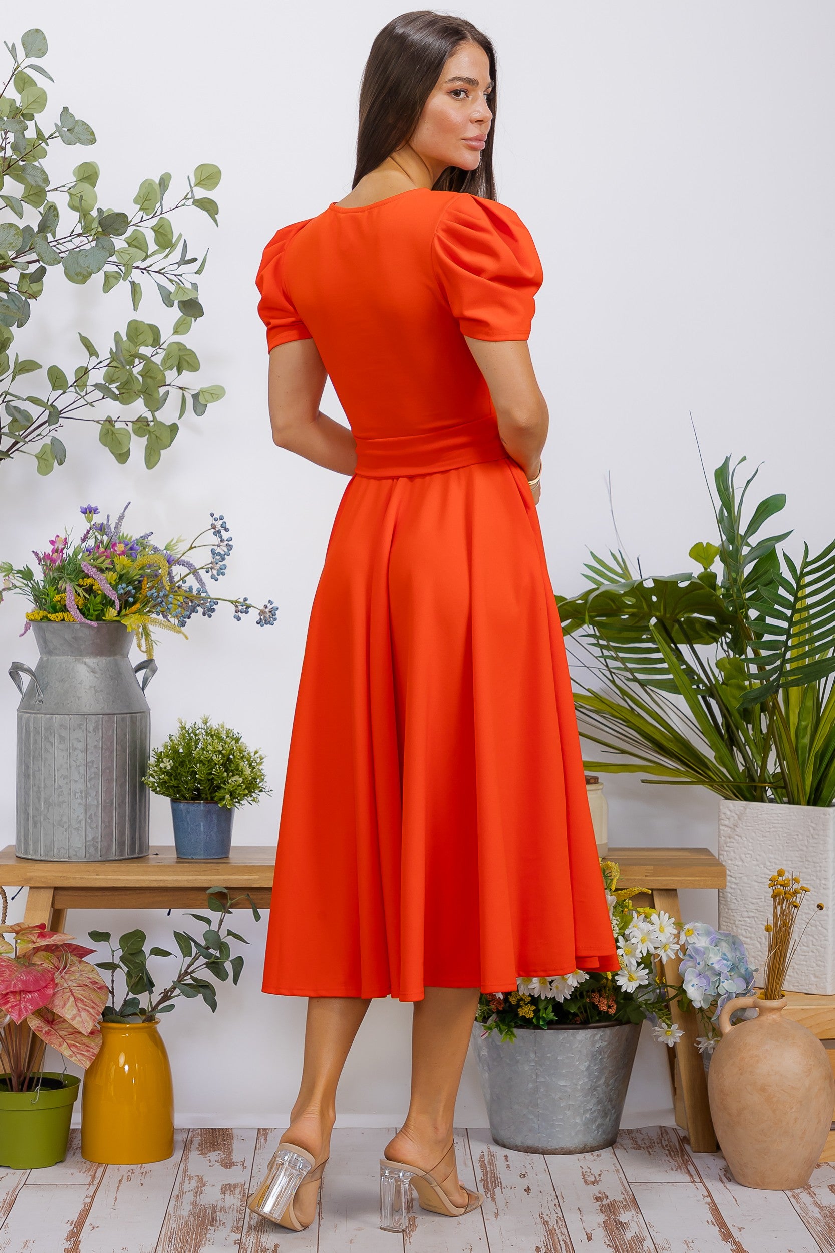 HH698BX-S1 Plus Size Puff Sleeve Midi Dress