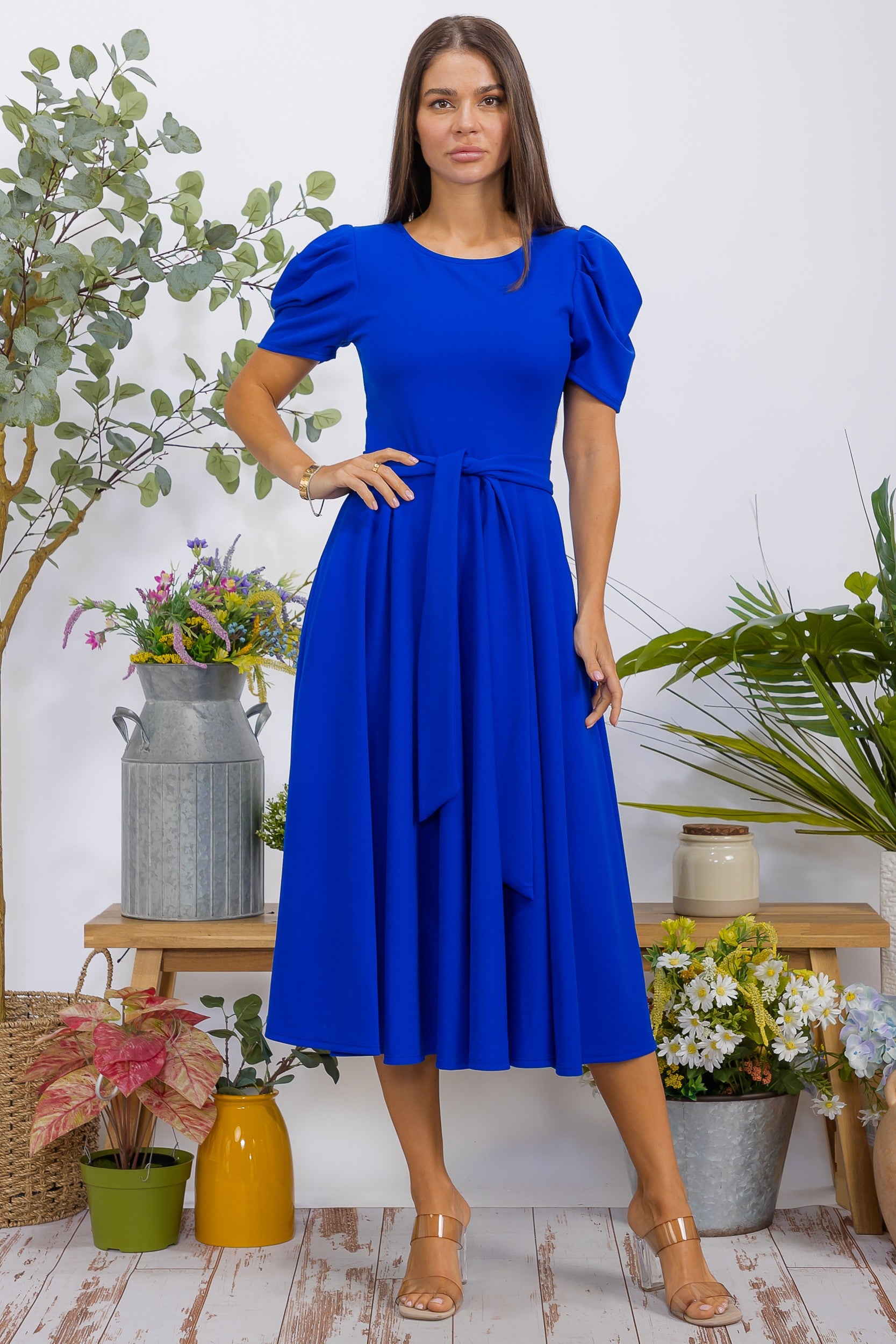 HH698BR-S1 Puff Sleeve Midi Dress