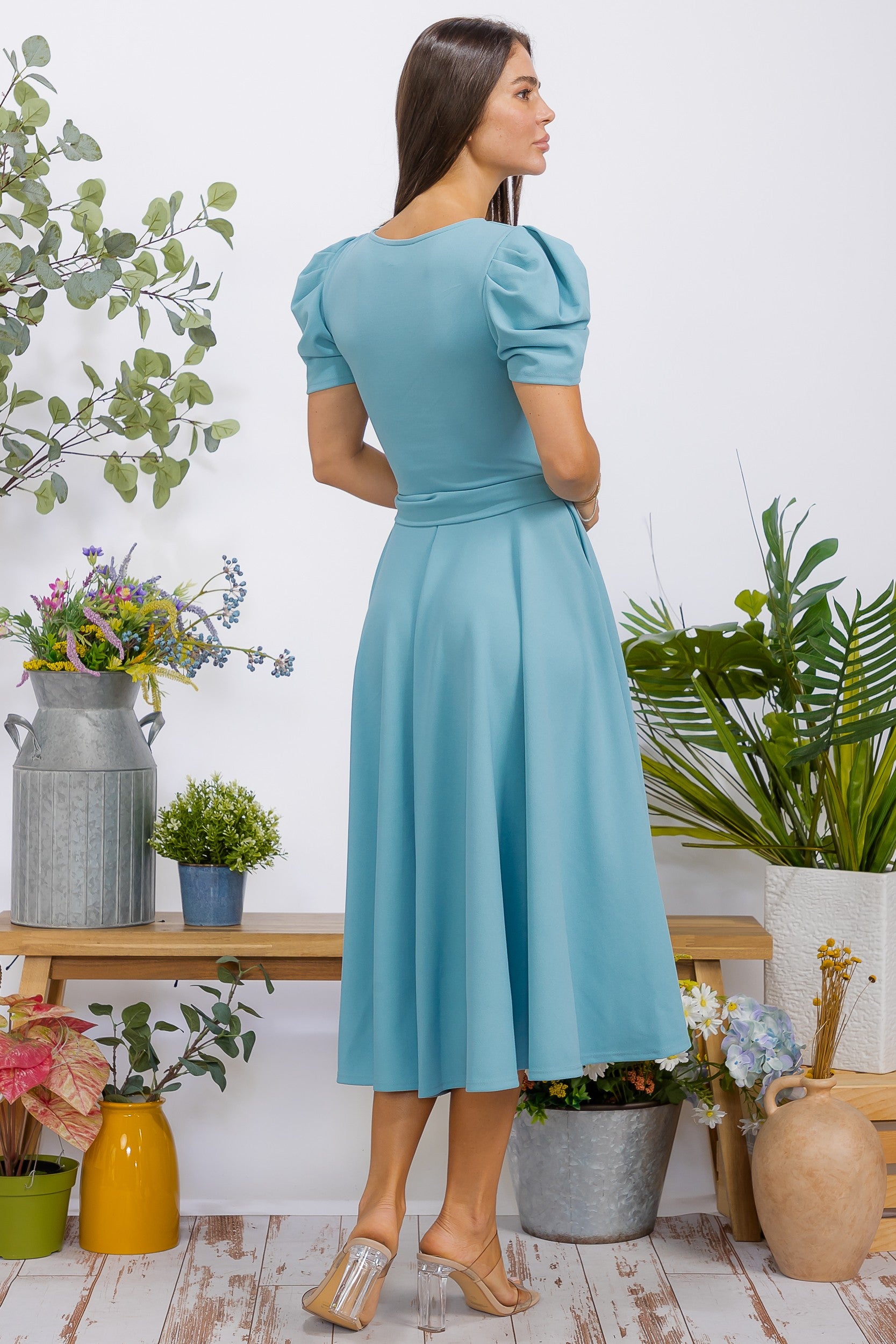 HH698BX-S1 Plus Size Puff Sleeve Midi Dress