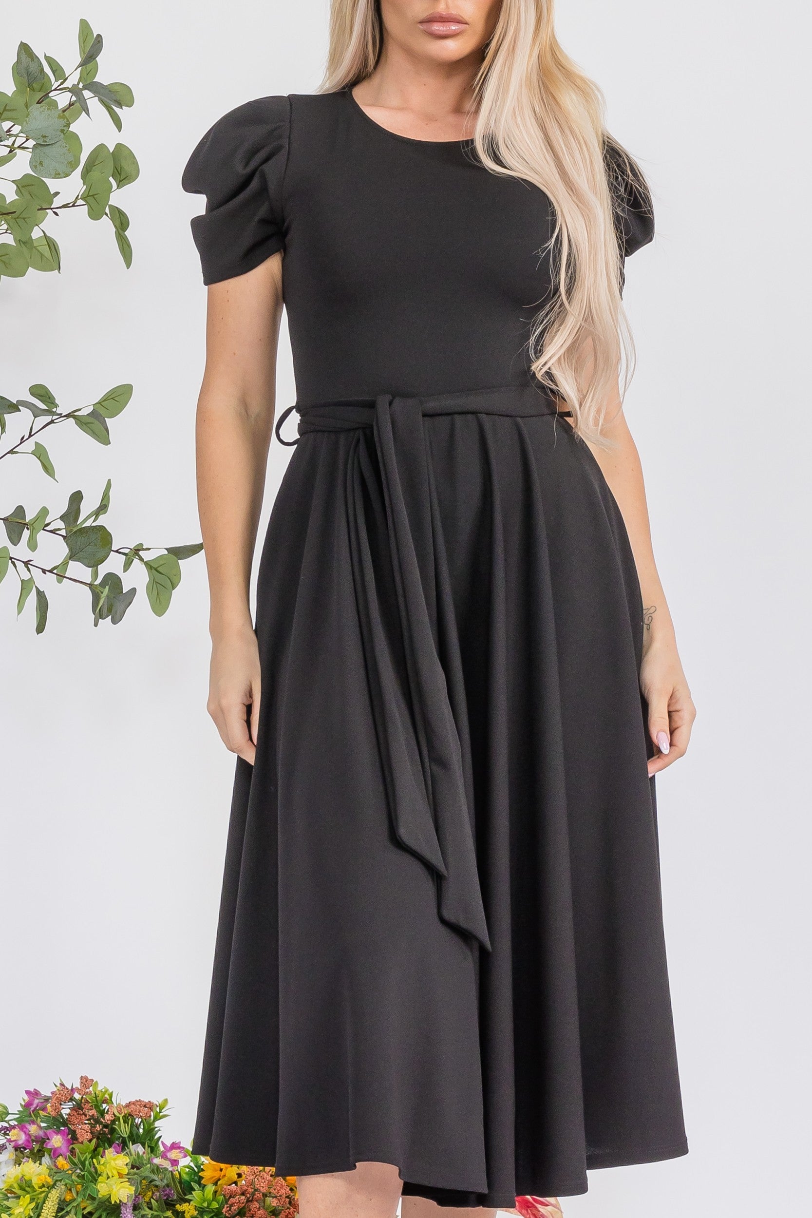 HH698BX-S1 Plus Size Puff Sleeve Midi Dress