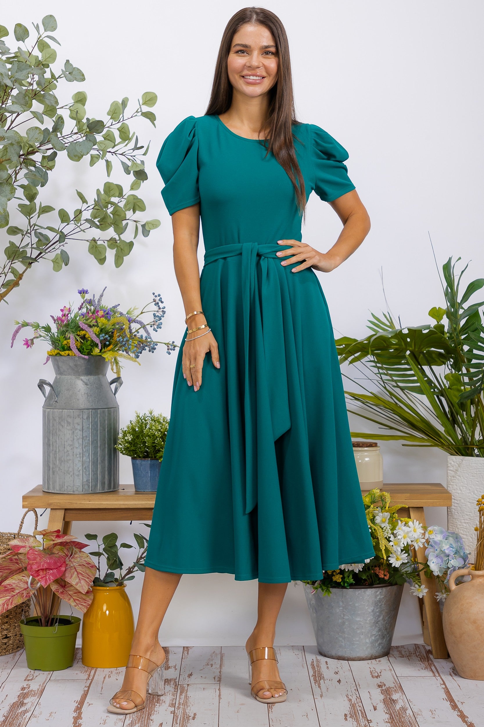 HH698BX-S1 Plus Size Puff Sleeve Midi Dress