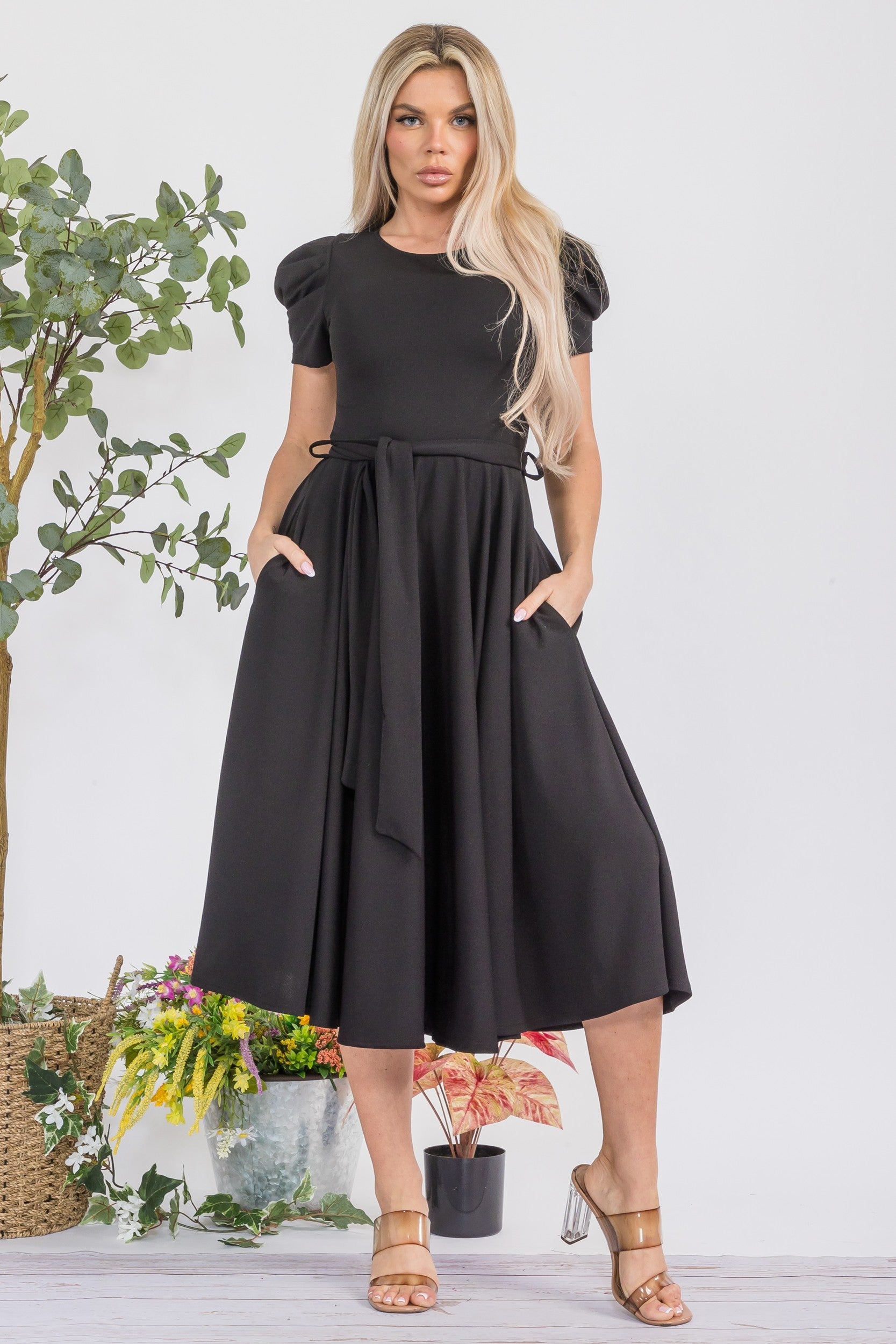 HH698BX-S1 Plus Size Puff Sleeve Midi Dress
