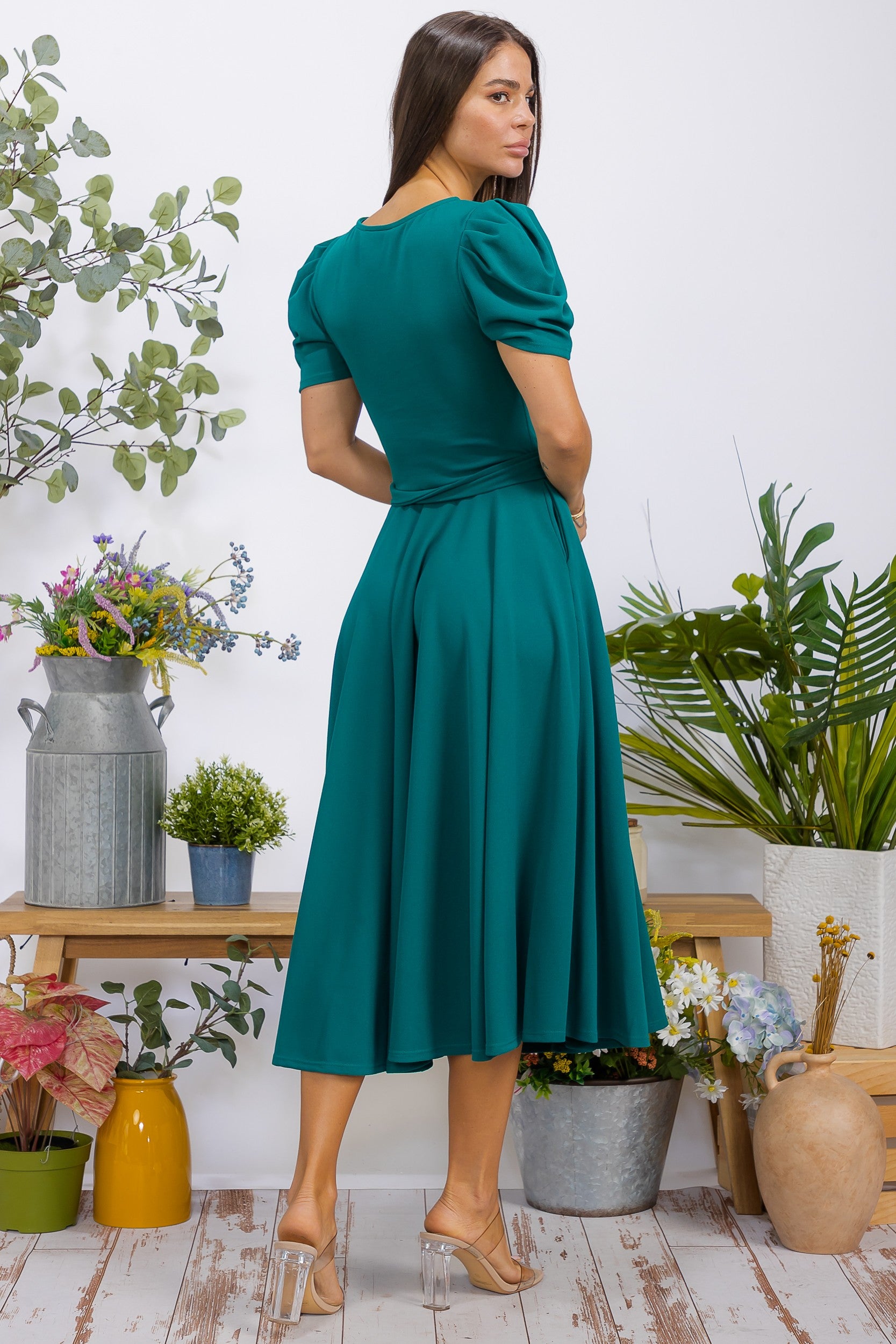 HH698BX-S1 Plus Size Puff Sleeve Midi Dress