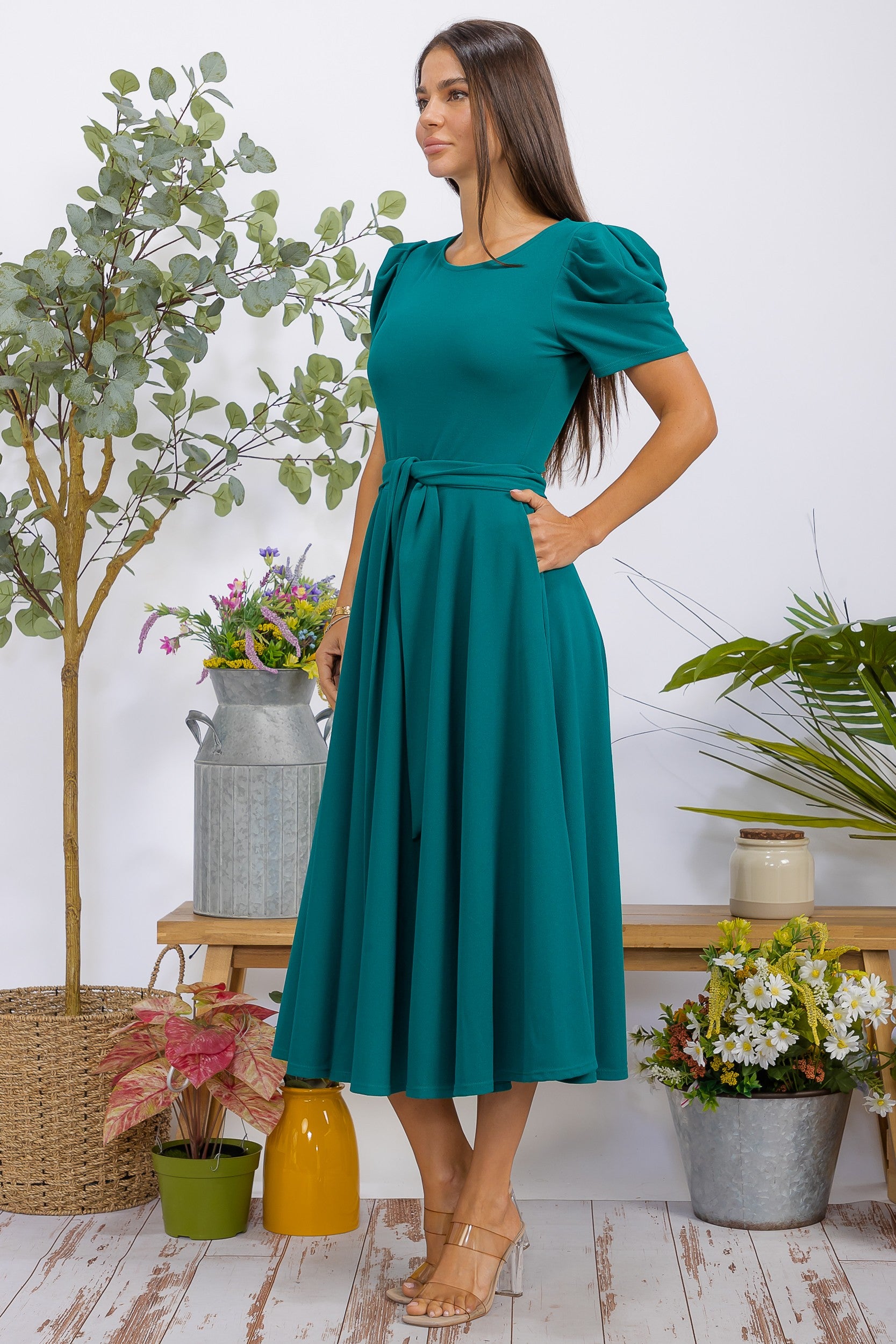 HH698BR-S1 Puff Sleeve Midi Dress