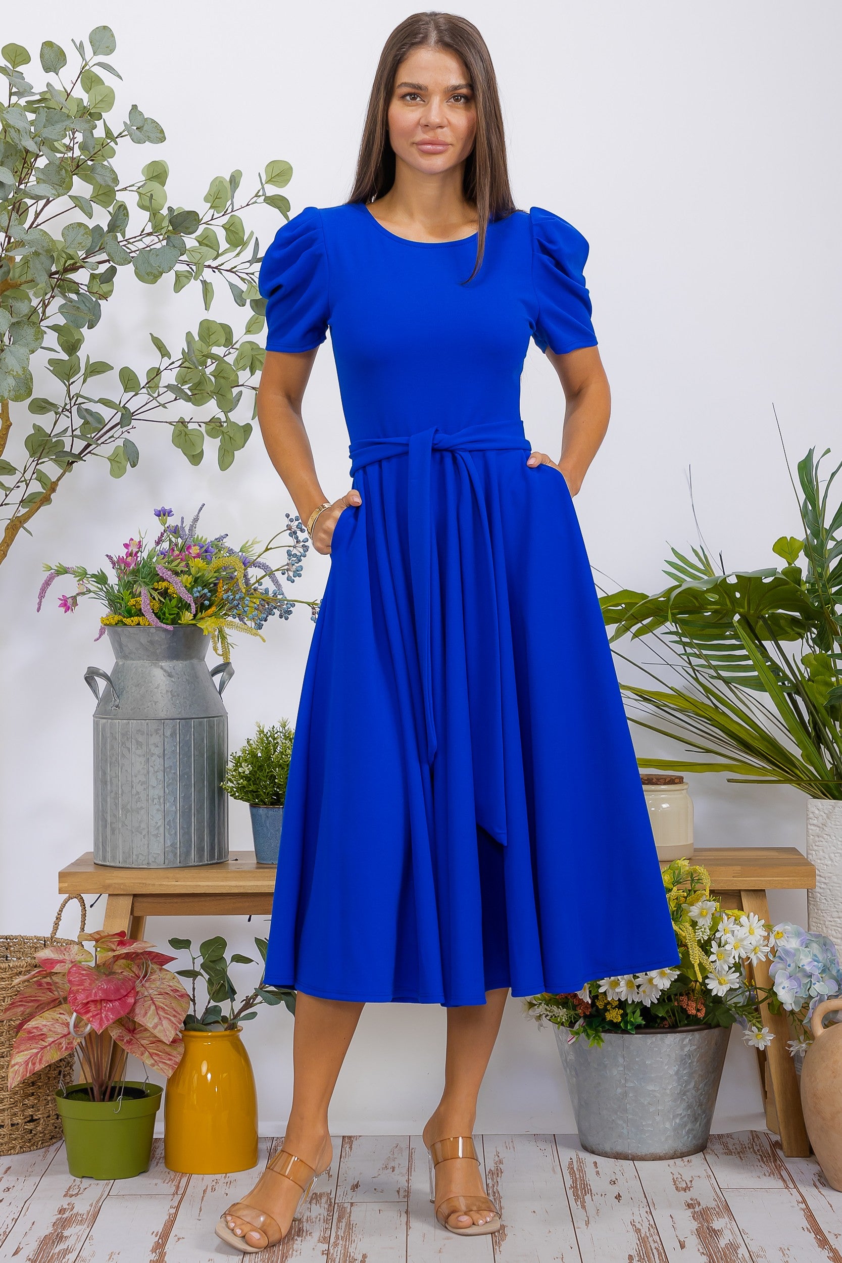 HH698BX-S1 Plus Size Puff Sleeve Midi Dress