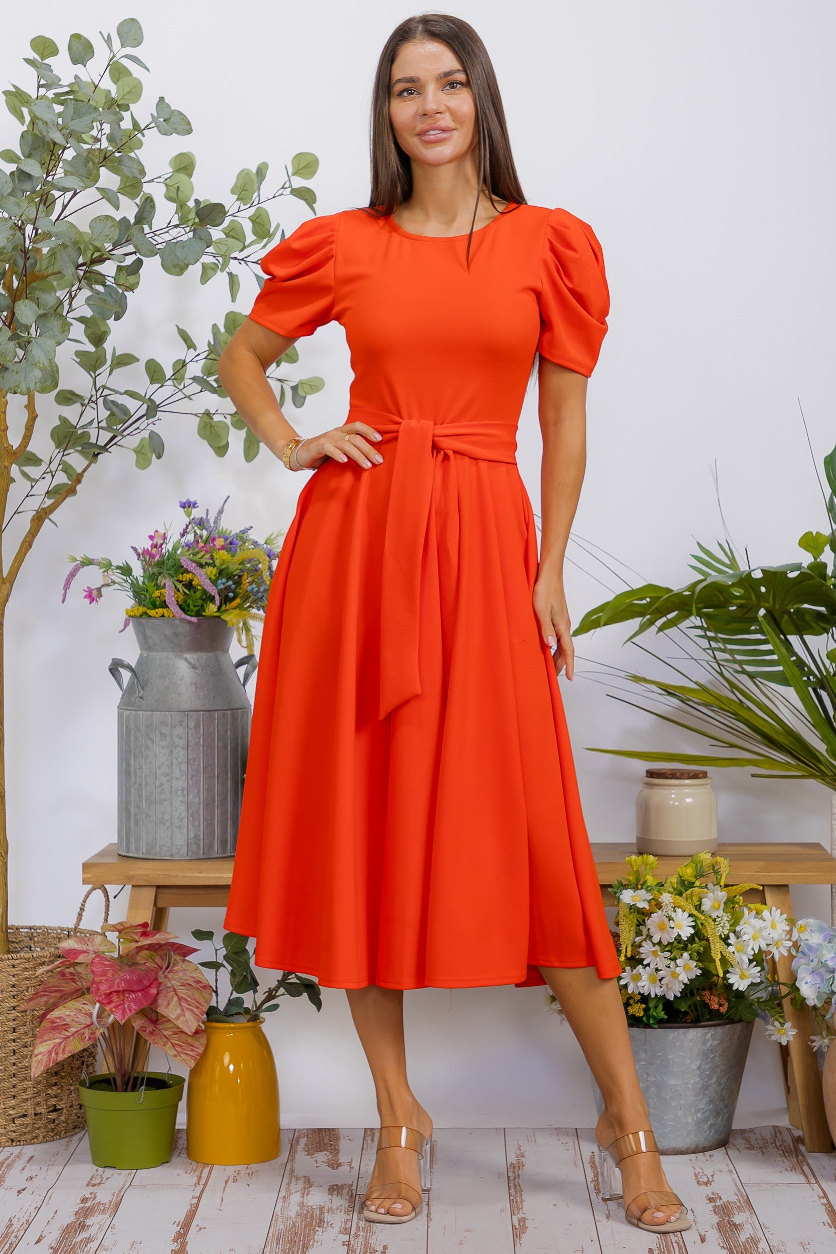 HH698BX-S1 Plus Size Puff Sleeve Midi Dress