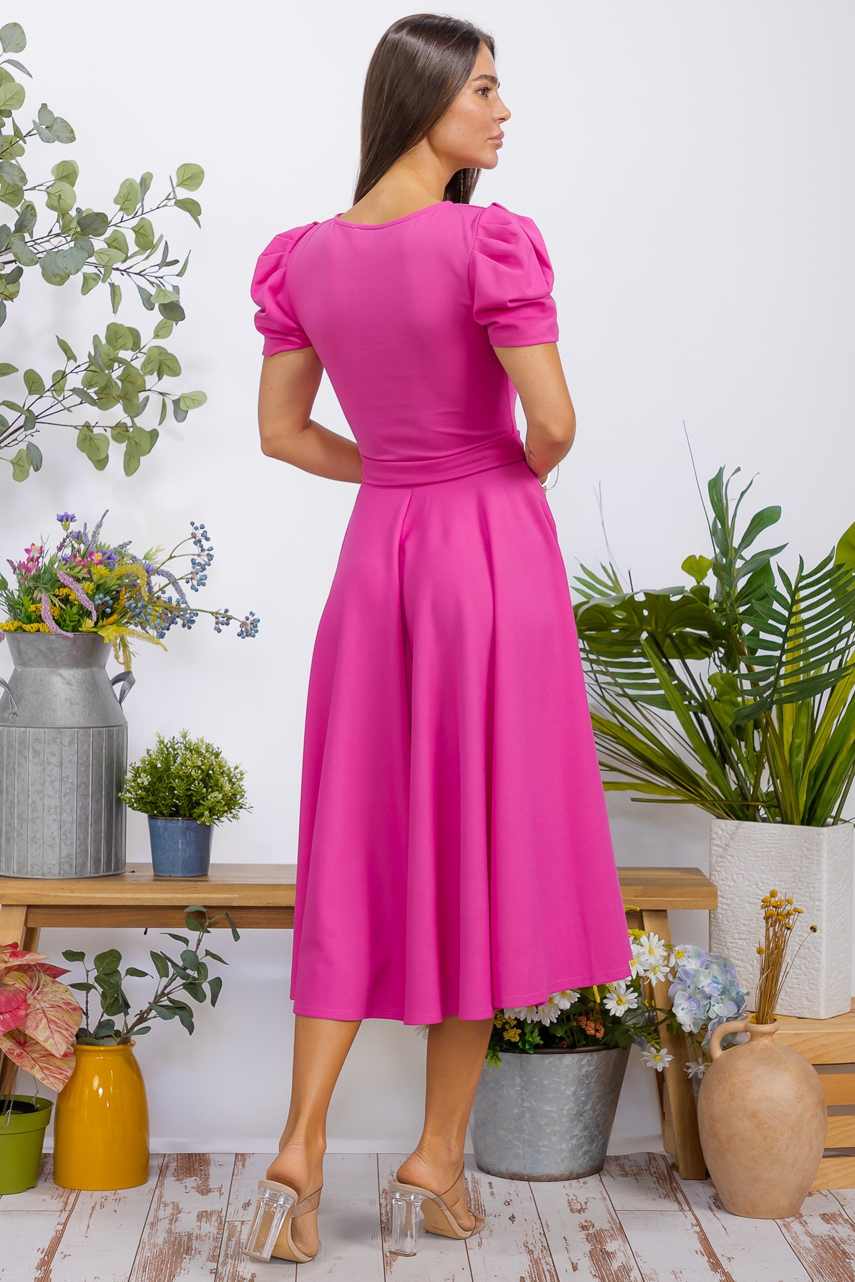 HH698BX-S1 Plus Size Puff Sleeve Midi Dress