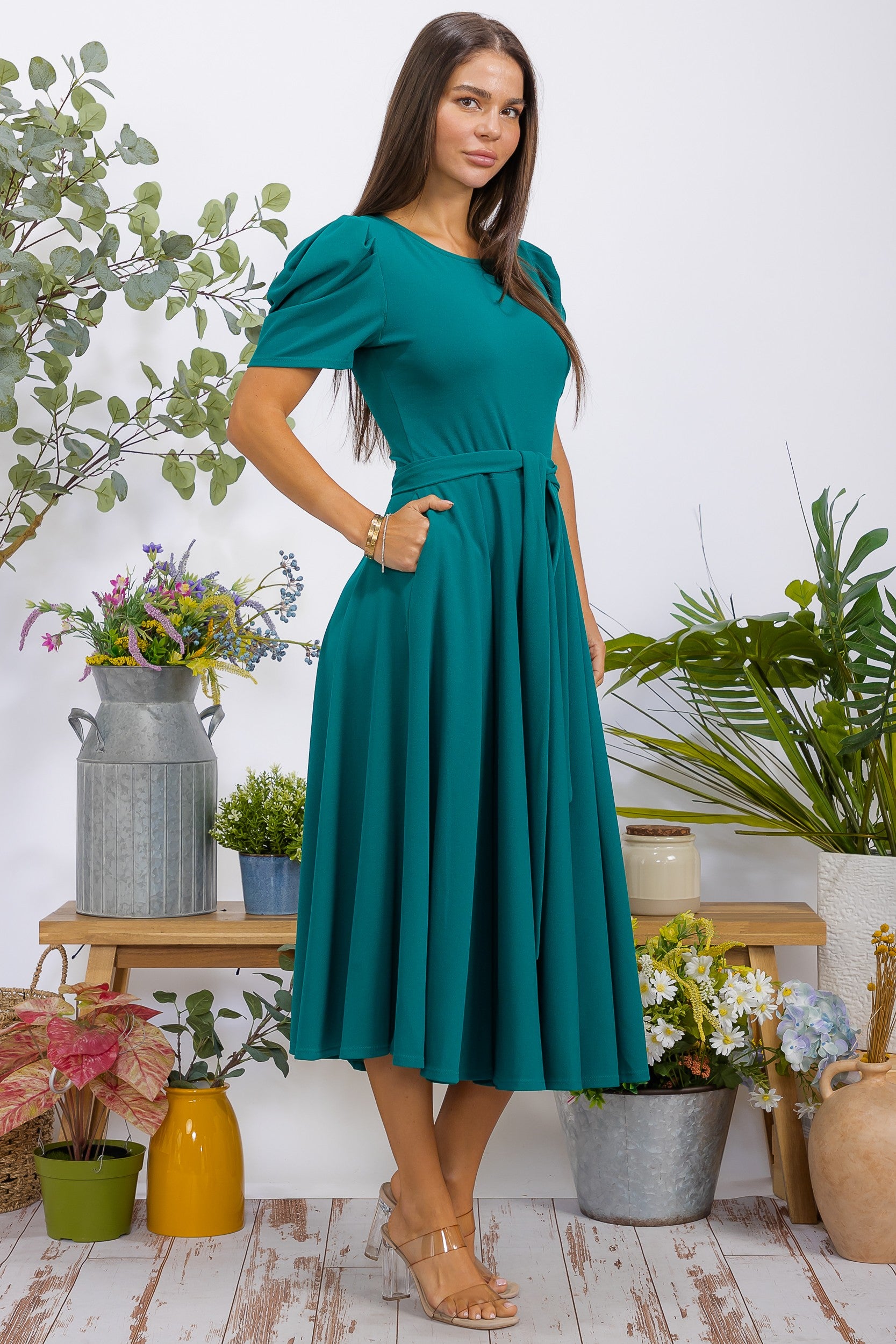 HH698BX-S1 Plus Size Puff Sleeve Midi Dress