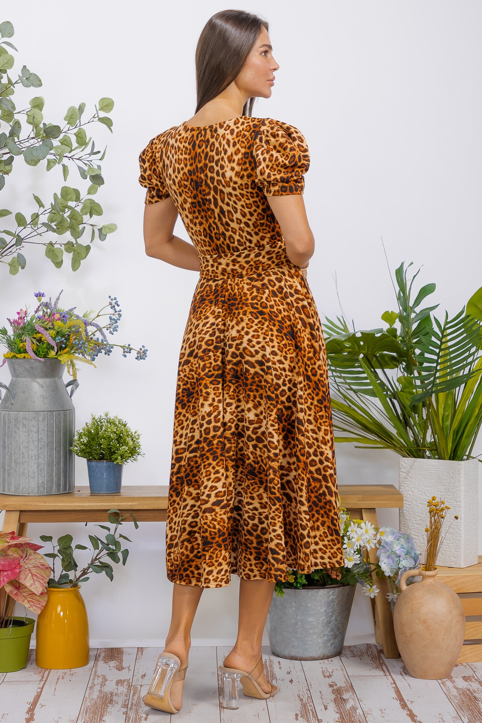 HH698BR-P Puff Sleeve Midi Dress