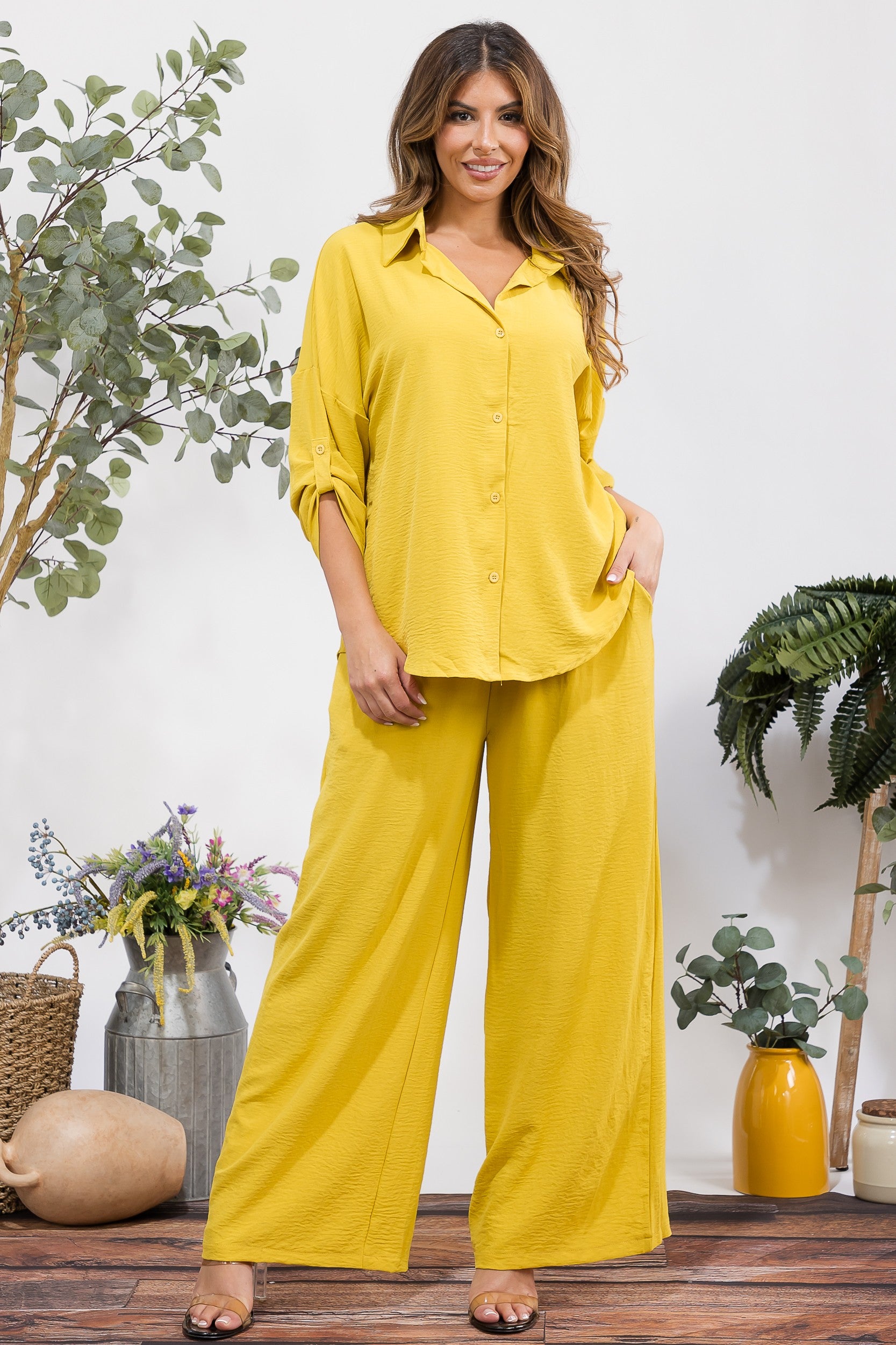 25106-X1 Plus Size Button-Up Shirt & Wide Leg Pants Set