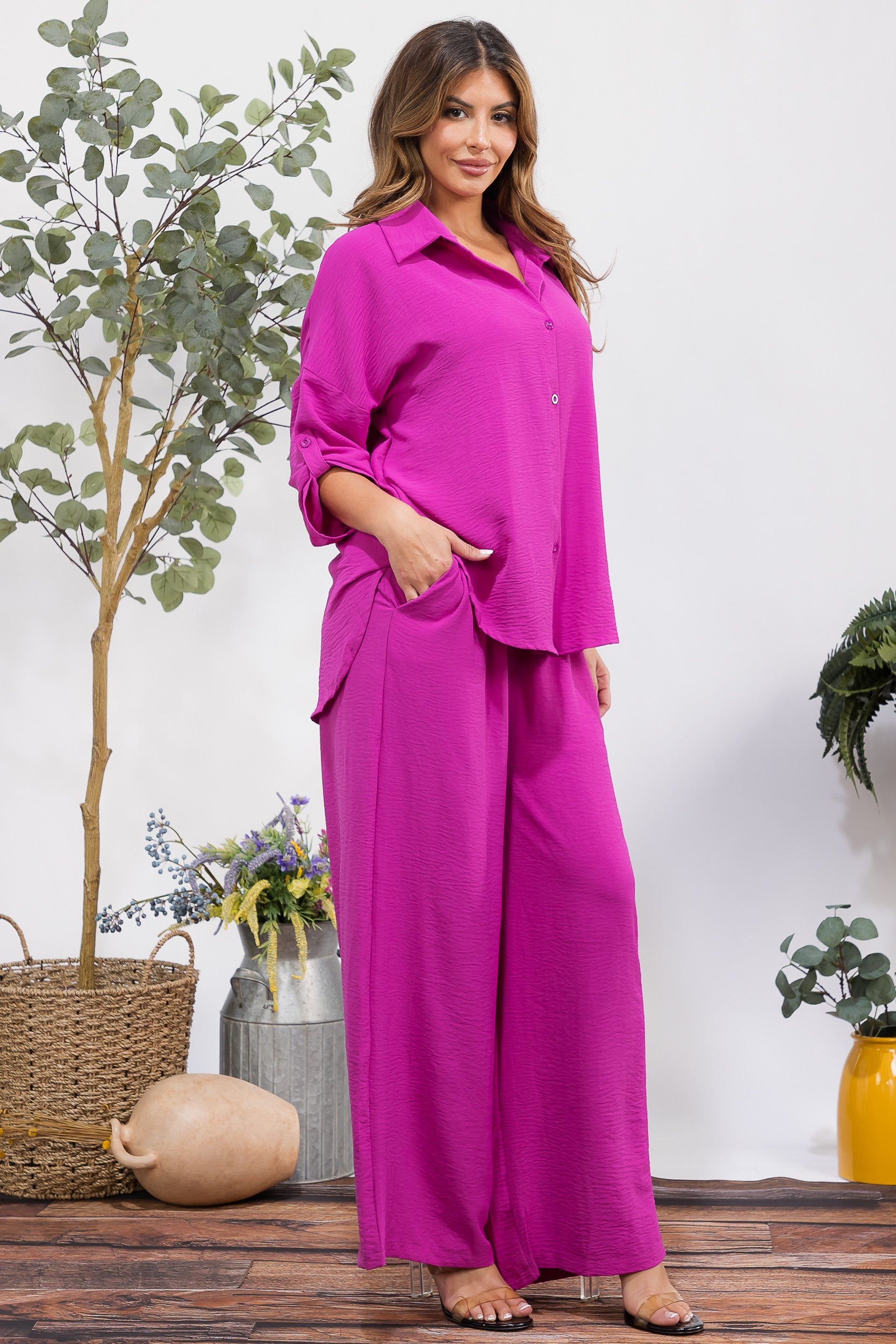 25106-X1 Plus Size Button-Up Shirt & Wide Leg Pants Set
