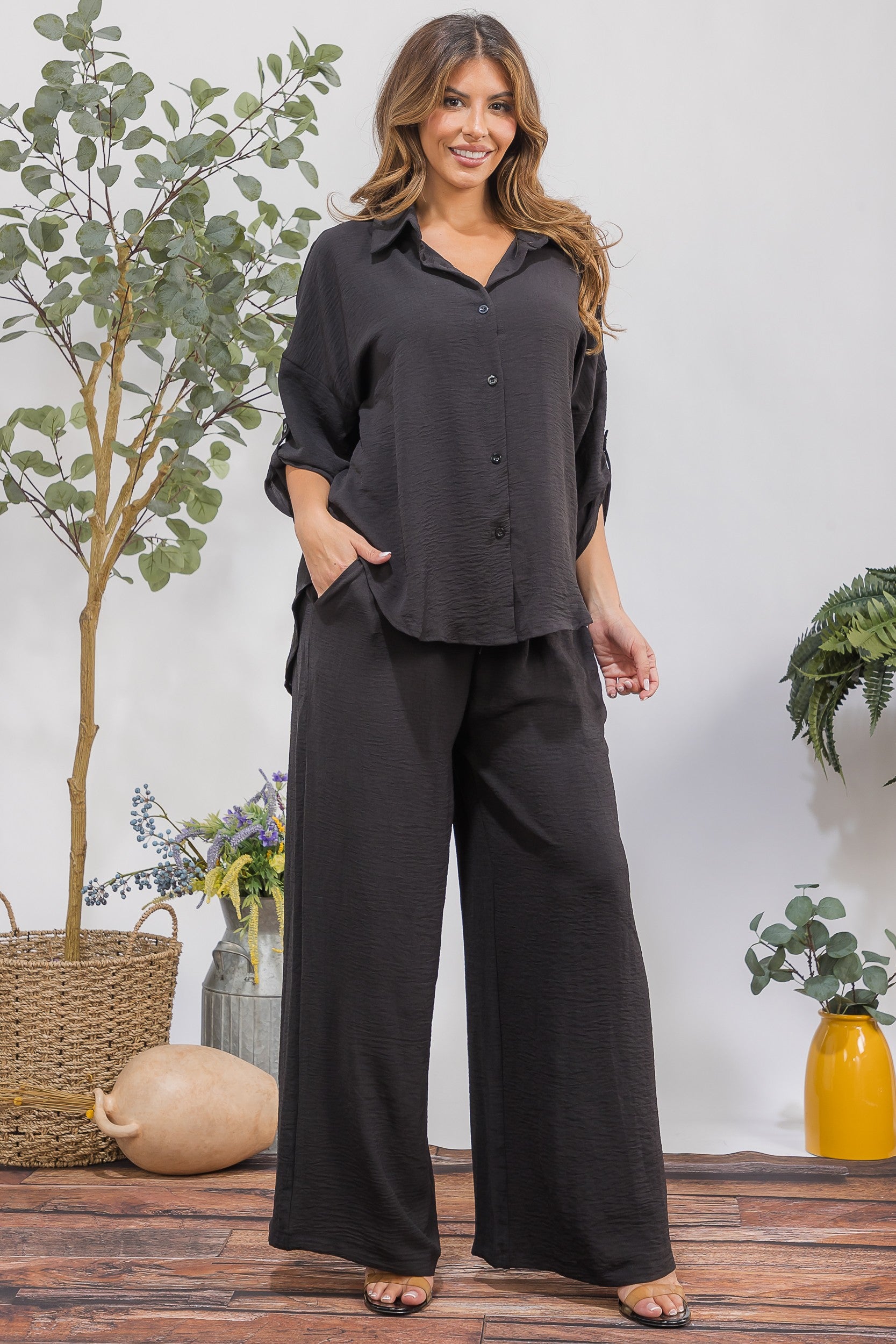 25106-R1 Button-Up Shirt & Wide Leg Pants Set