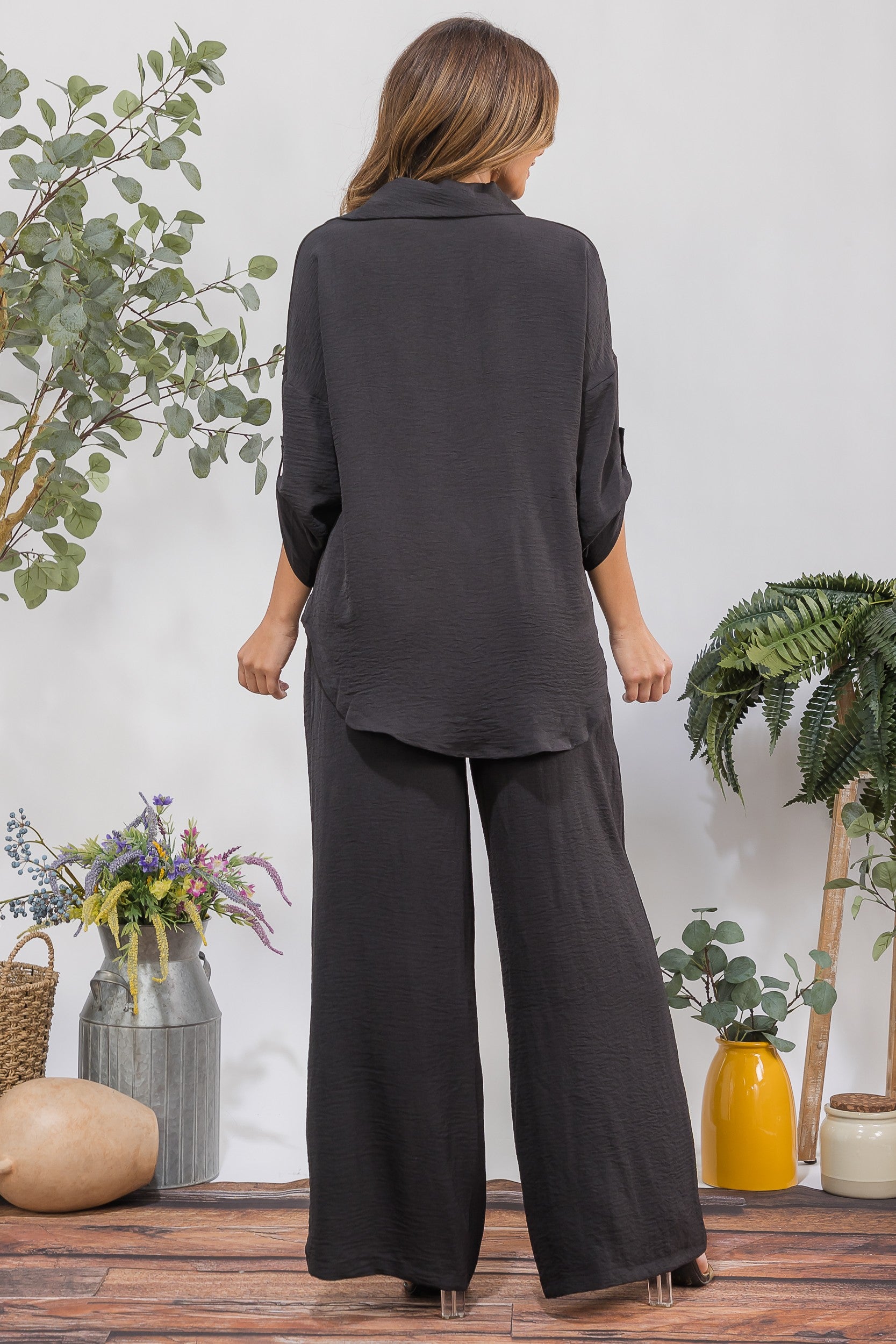 25106-X1 Plus Size Button-Up Shirt & Wide Leg Pants Set