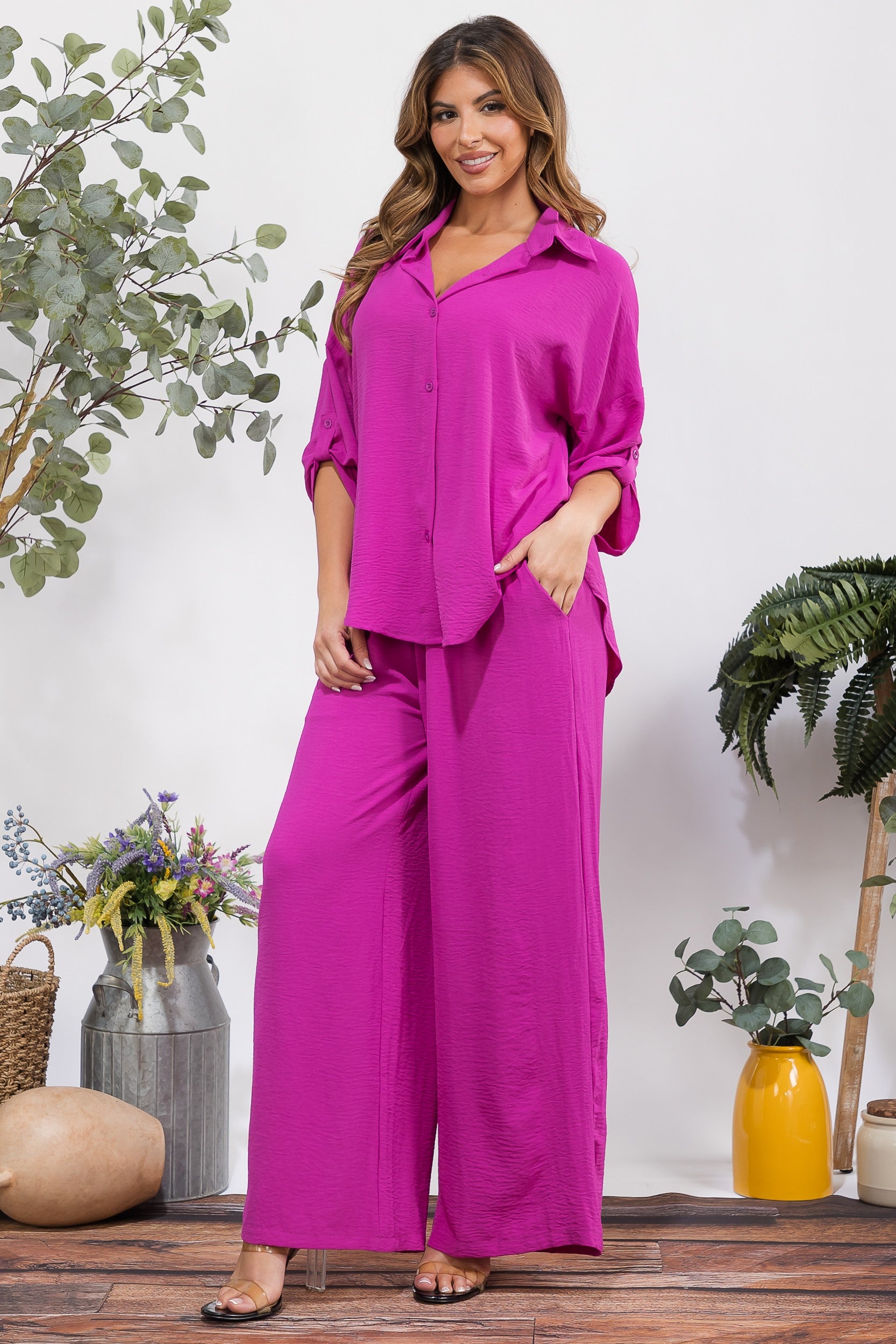 25106-X1 Plus Size Button-Up Shirt & Wide Leg Pants Set
