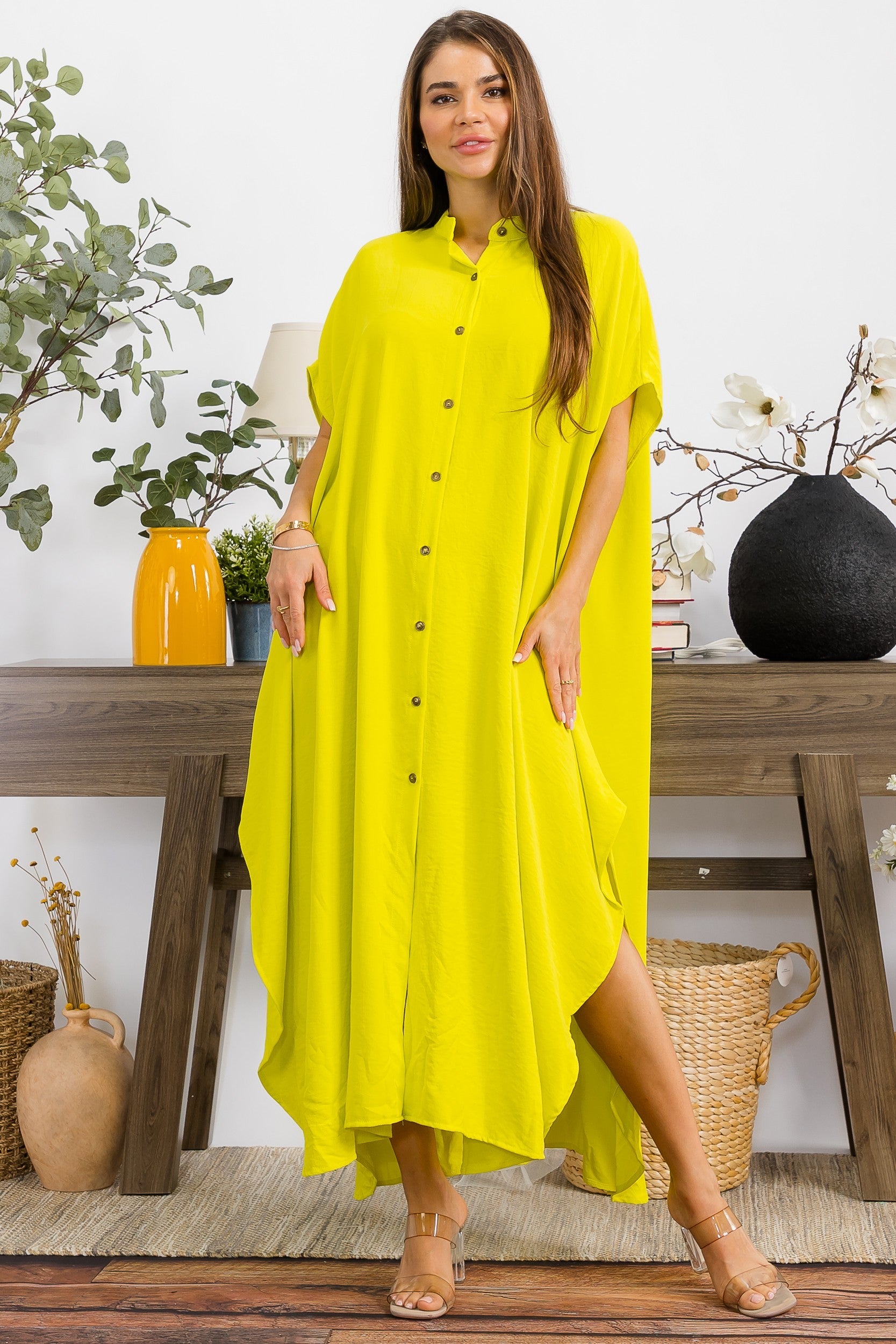 S25653-X Plus Size Relaxed Button Front Oversized Maxi Dress