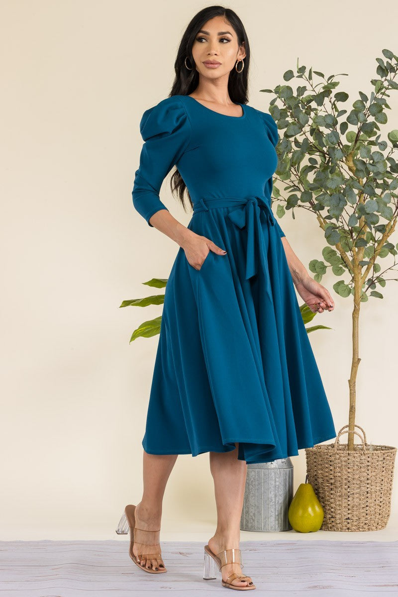 HH698X-LS-S2 Puff Sleeve Midi A-Line Dress with Waist Tie
