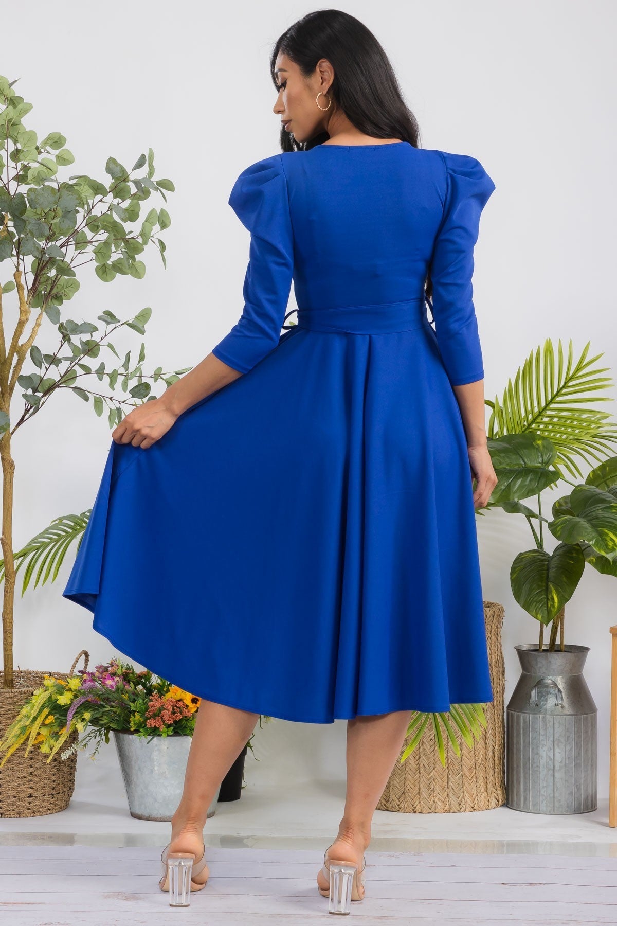HH698X-LS-S2 Puff Sleeve Midi A-Line Dress with Waist Tie