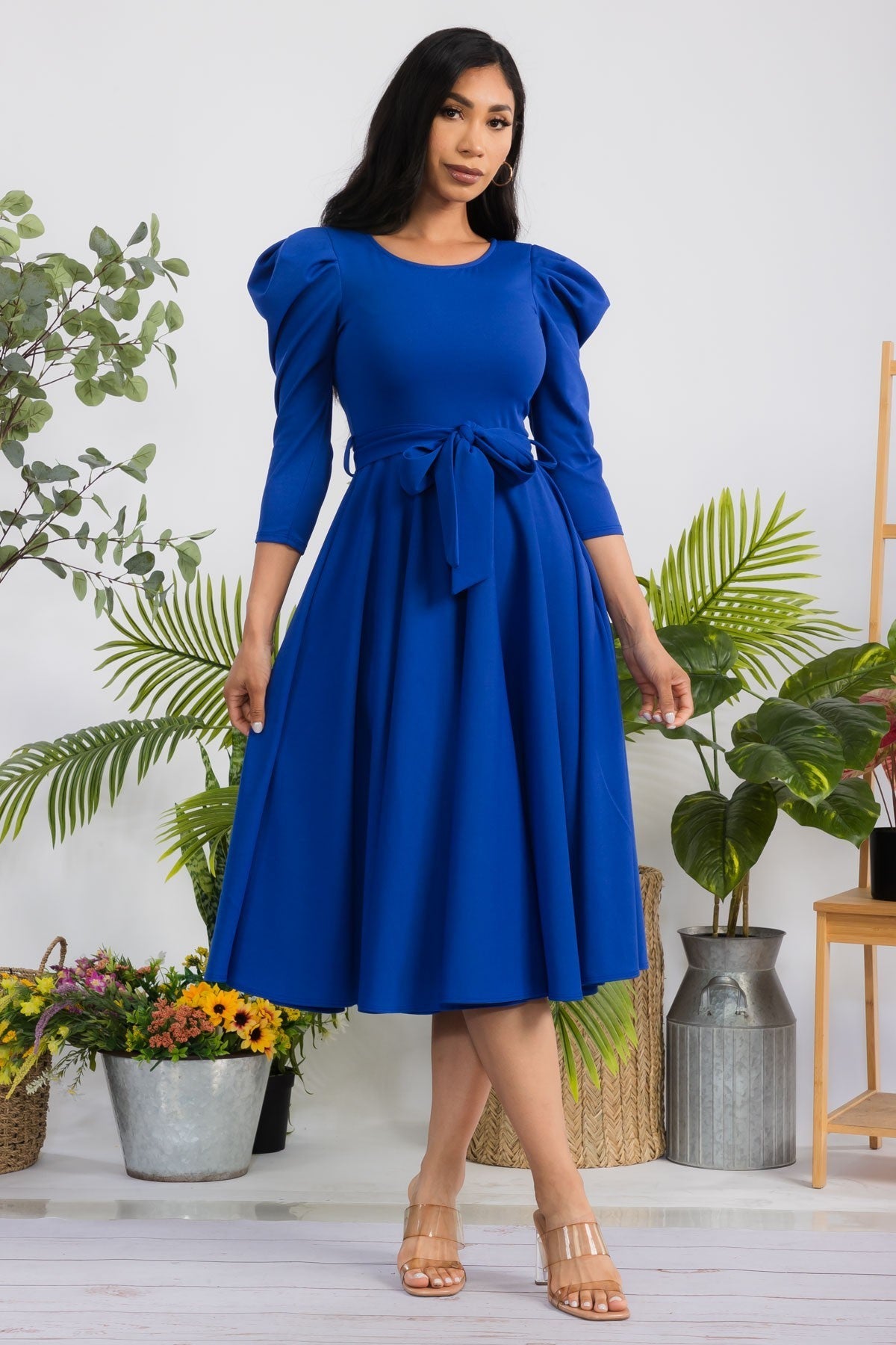 HH698X-LS-S2 Puff Sleeve Midi A-Line Dress with Waist Tie