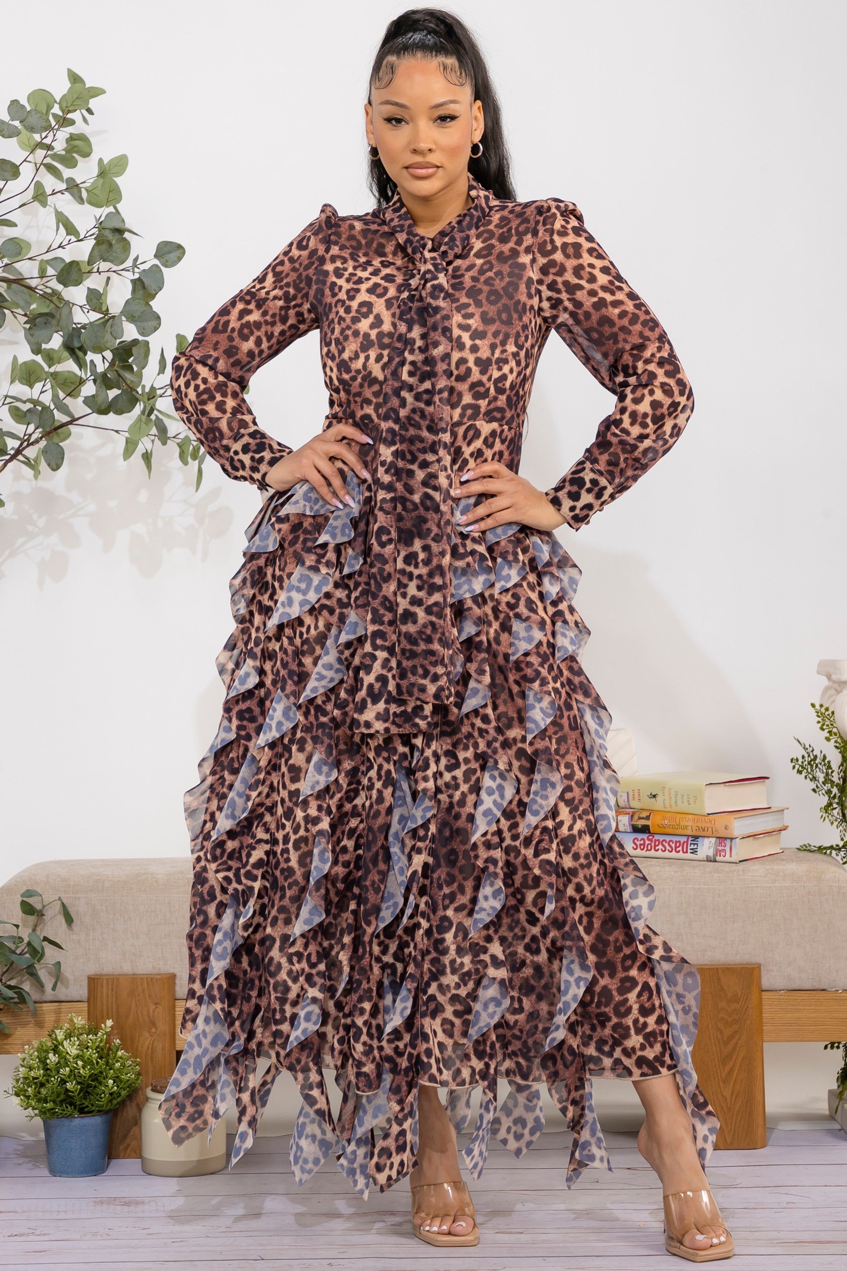 ZB131R-P - Animal Print Ruffled Maxi Dress