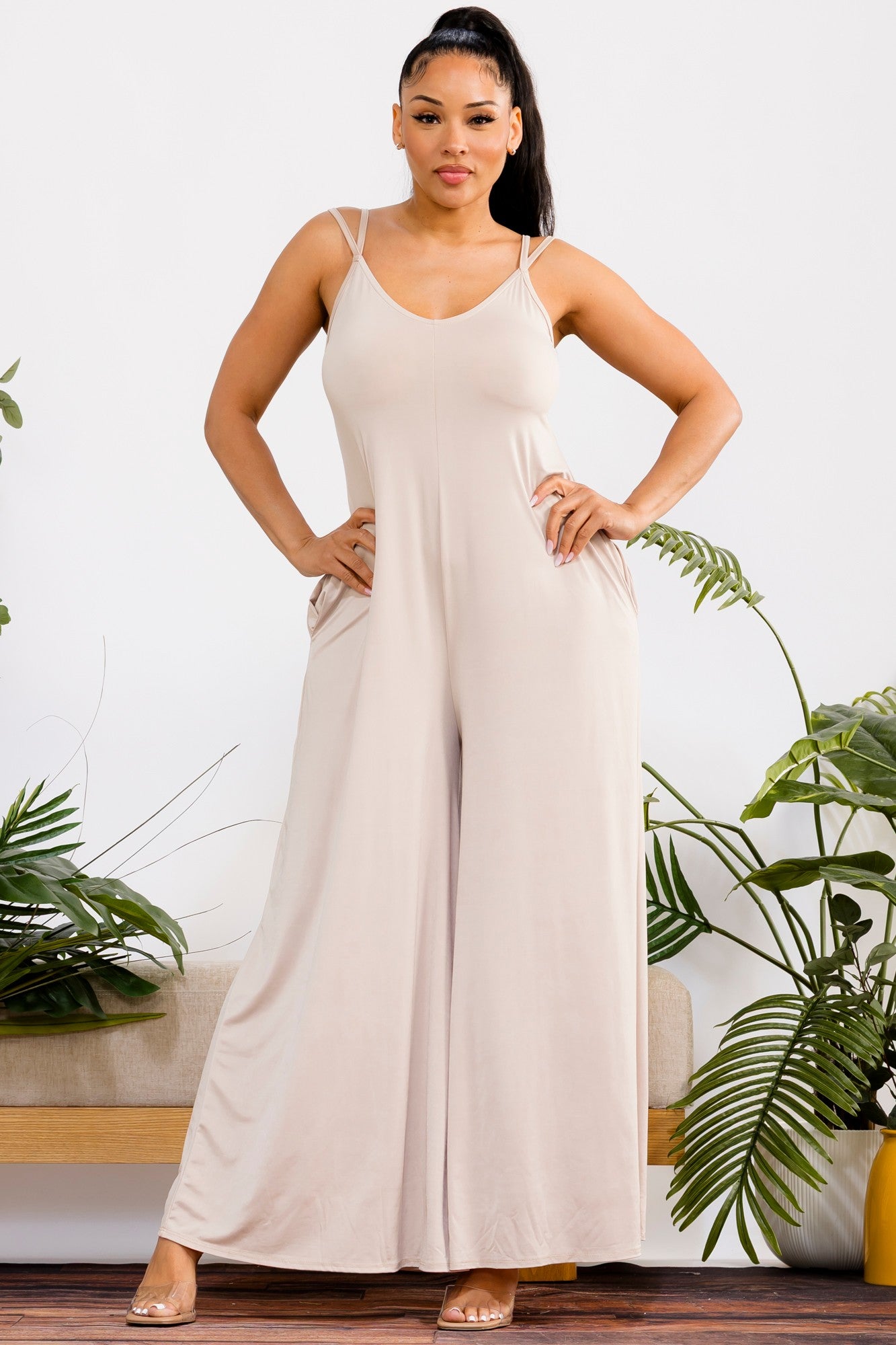 HH697R-S2 - Wide-Leg Spaghetti Strap Jumpsuit