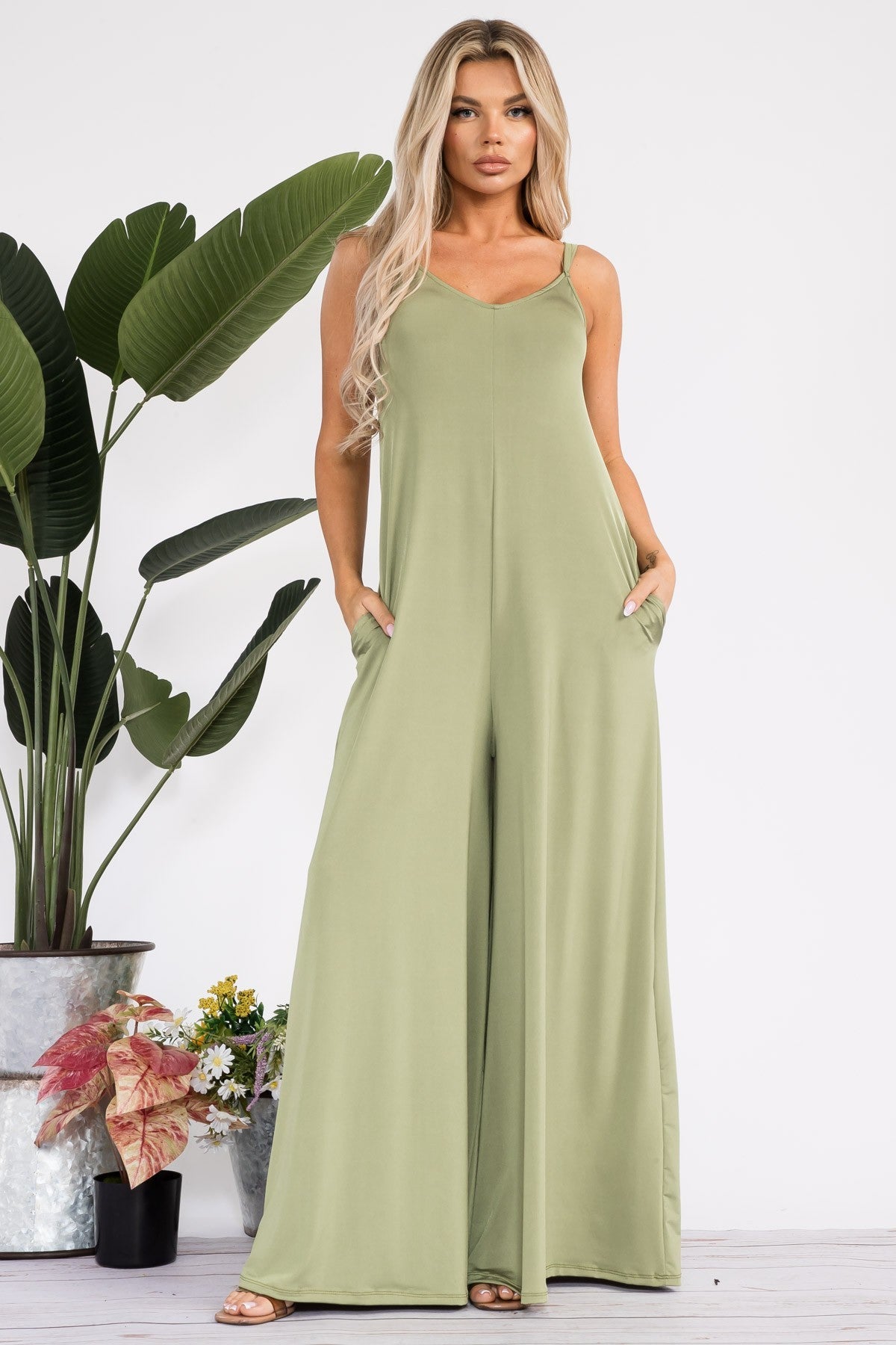 HH697X-S2 - Plus Size Wide-Leg Spaghetti Strap Jumpsuit