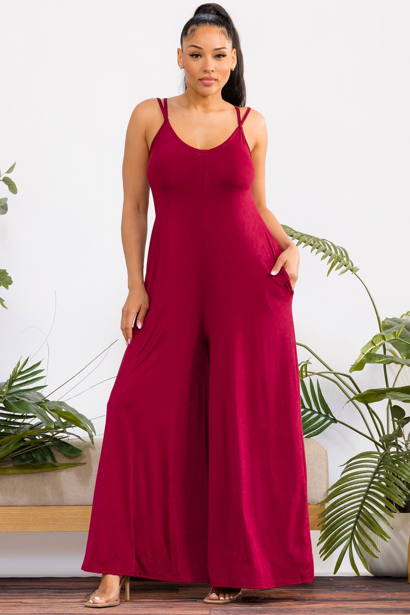 HH697X-S2 - Plus Size Wide-Leg Spaghetti Strap Jumpsuit