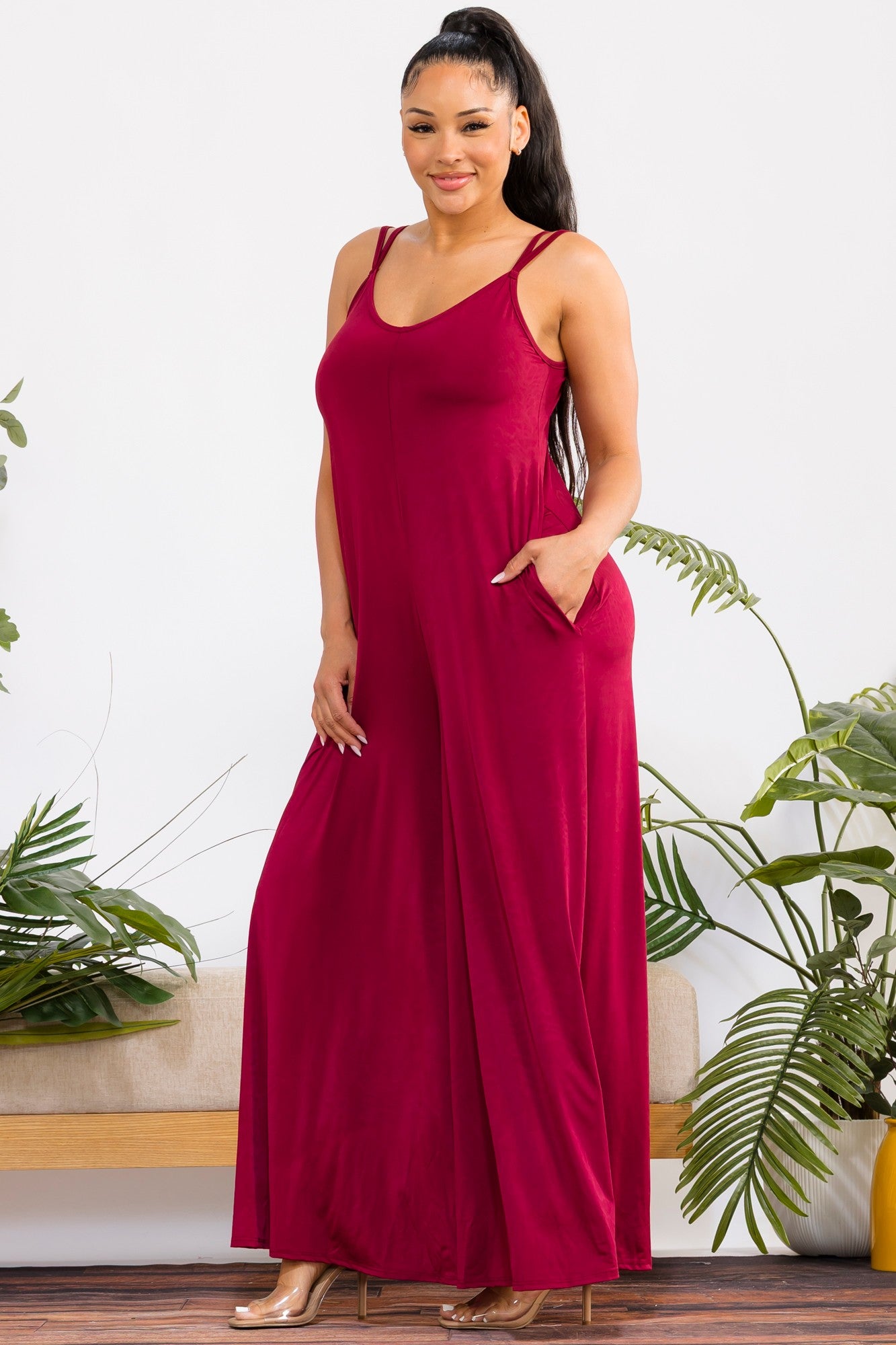 HH697X-S2 - Plus Size Wide-Leg Spaghetti Strap Jumpsuit