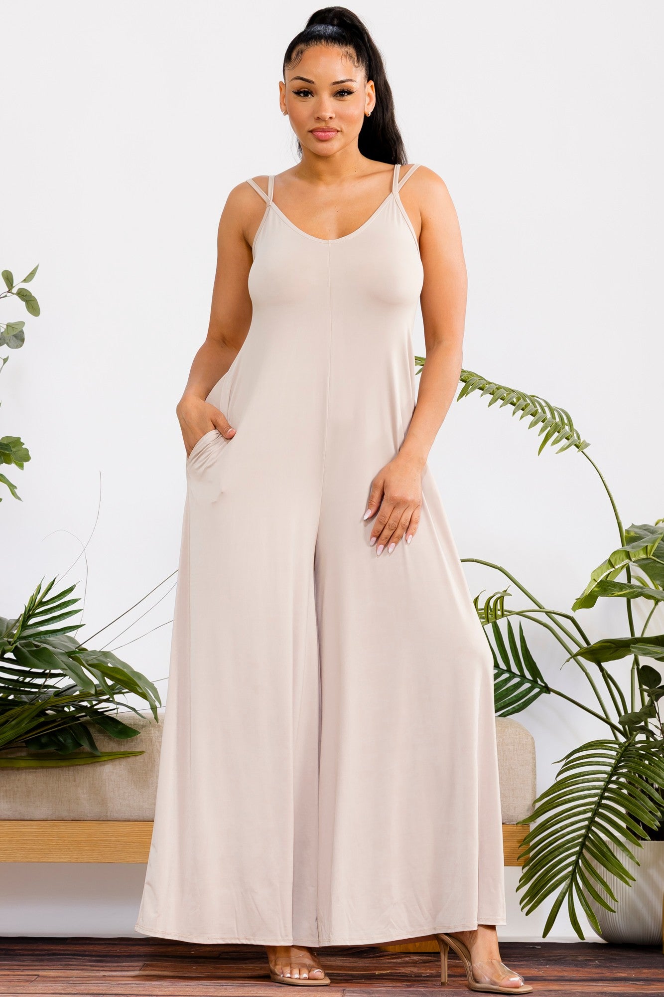 HH697X-S2 - Plus Size Wide-Leg Spaghetti Strap Jumpsuit