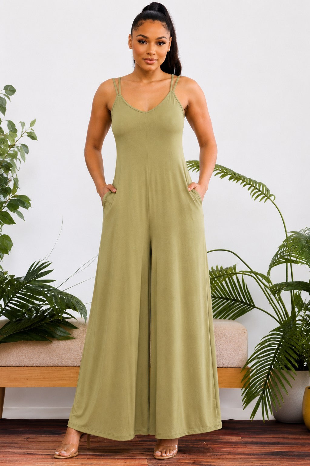 HH697X-S2 - Plus Size Wide-Leg Spaghetti Strap Jumpsuit