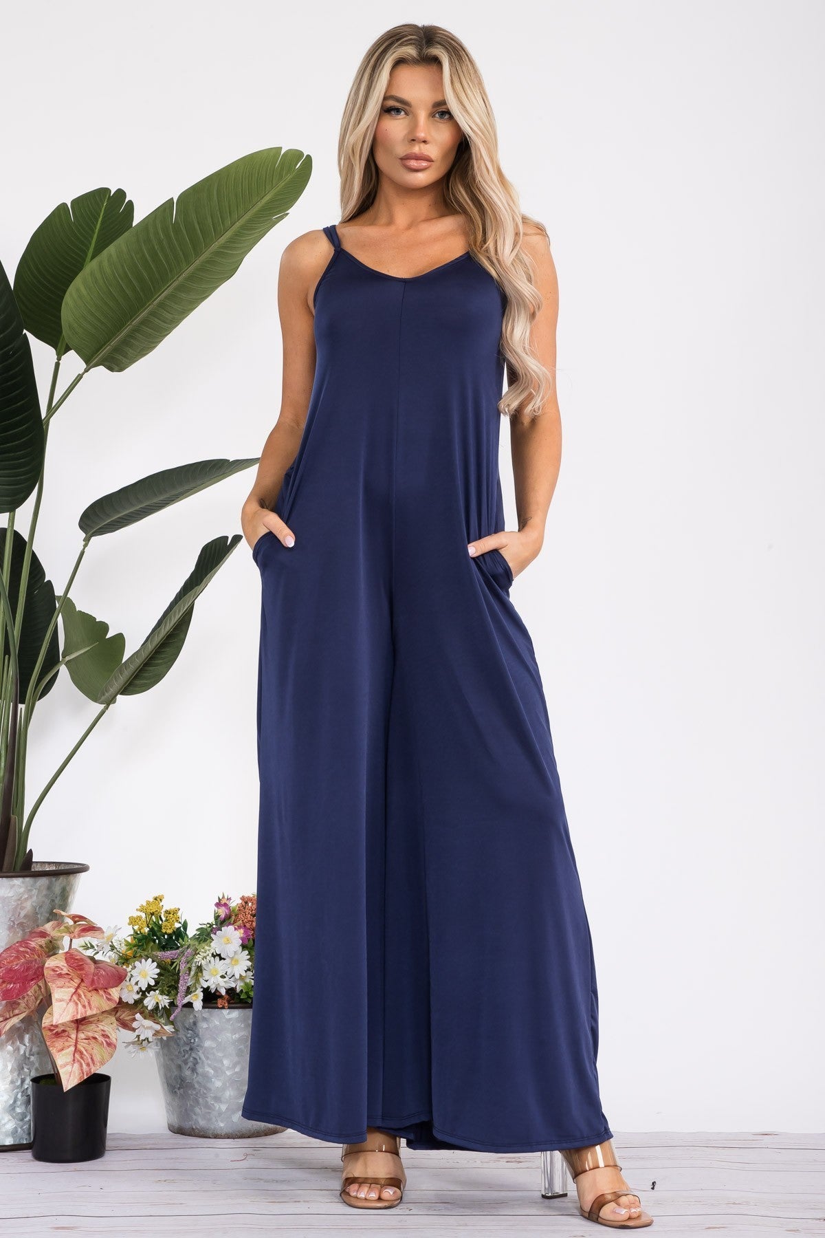 HH697X-S2 - Plus Size Wide-Leg Spaghetti Strap Jumpsuit