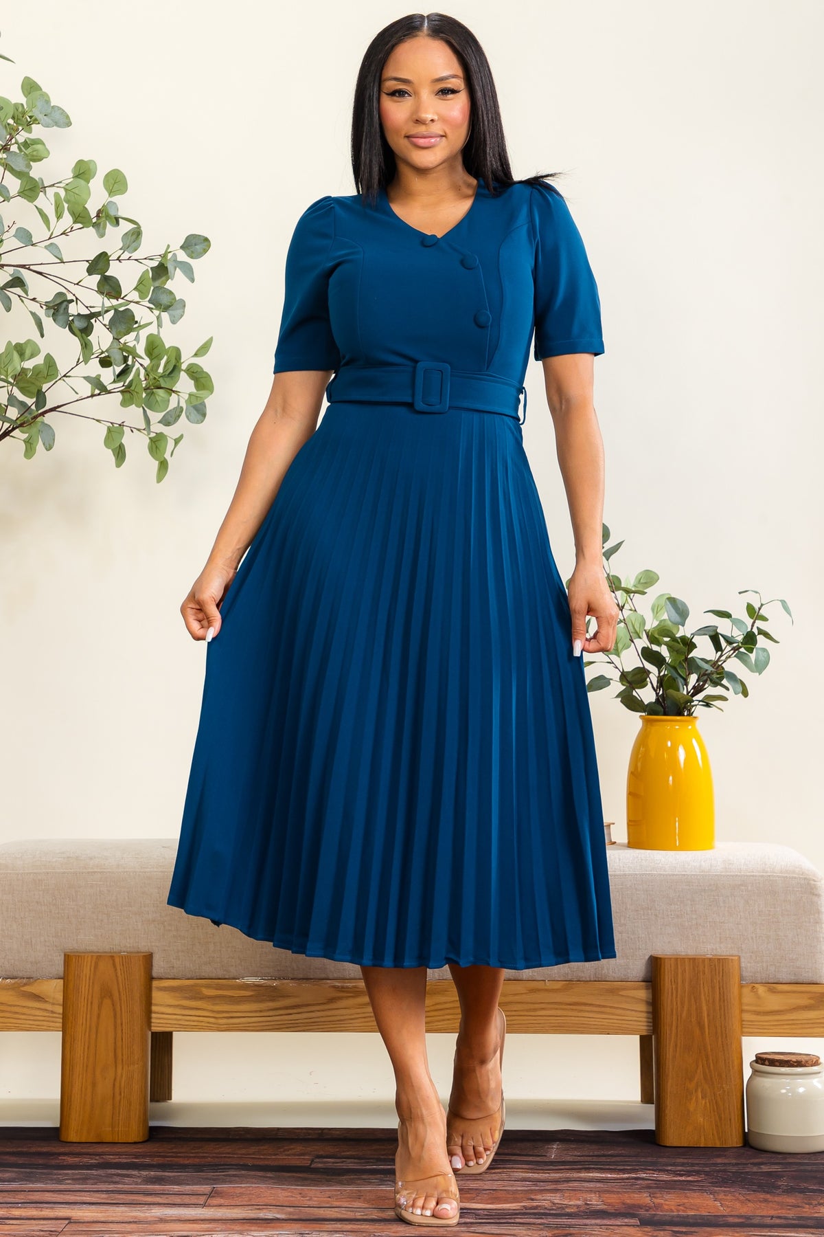 ZBD146-X - Plus Size Pleated Belted Button Detail Midi Dress