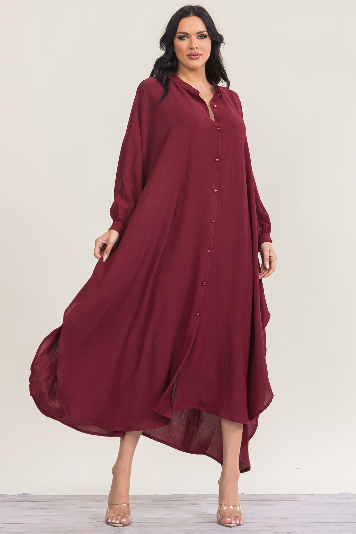 RHD130X-S - Plus Size Oversized Button-Down Flowy Maxi Dress