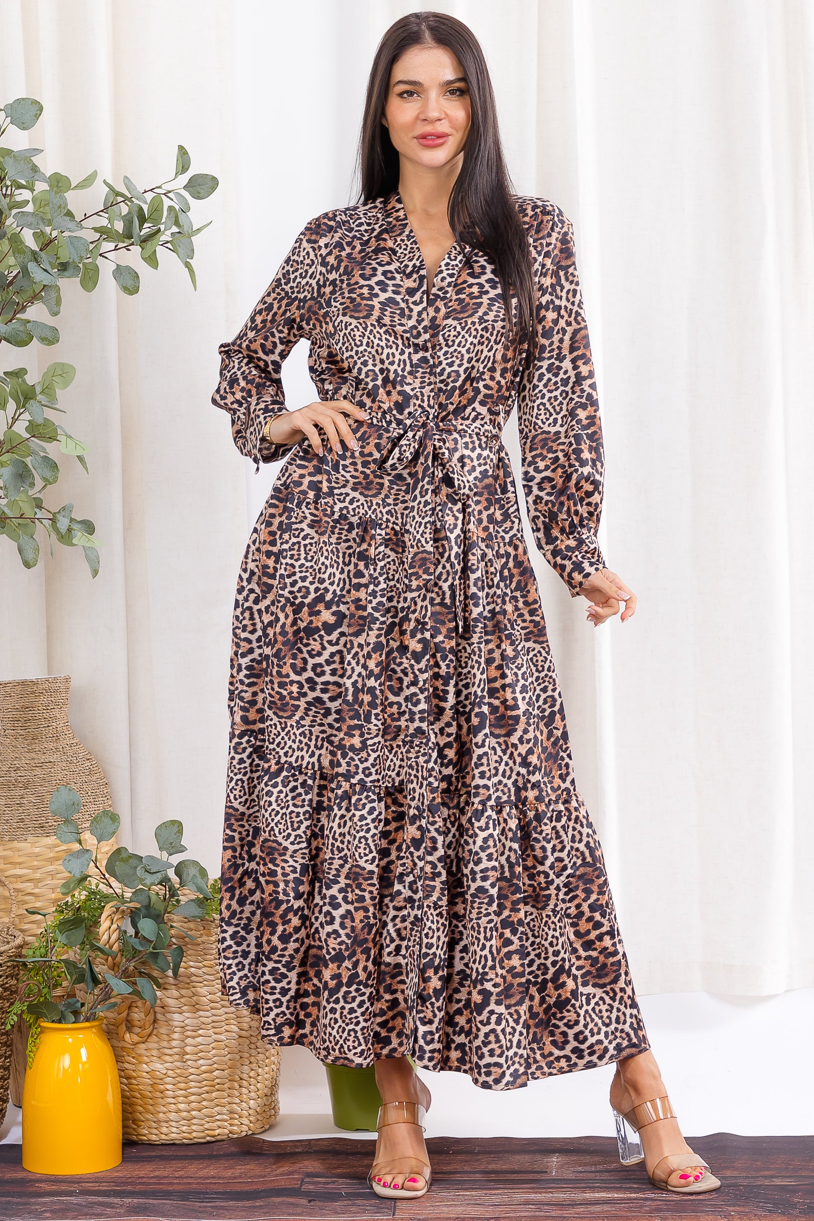 H007X-P Plus Size Printed Tiered Button-Down Maxi Dress