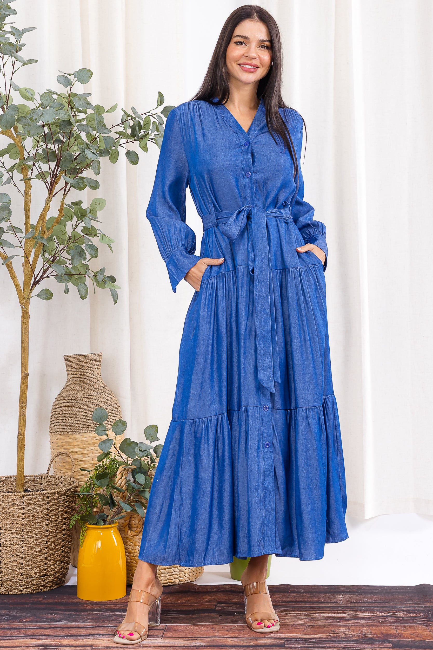 H007X-S Plus Size Tiered Button-Down Maxi Dress