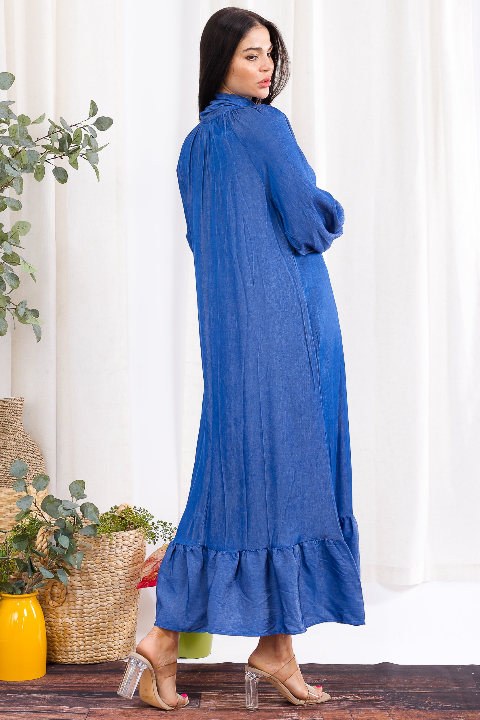 H006R-S Bow Tie Neck Maxi Dress with Ruffle Hem