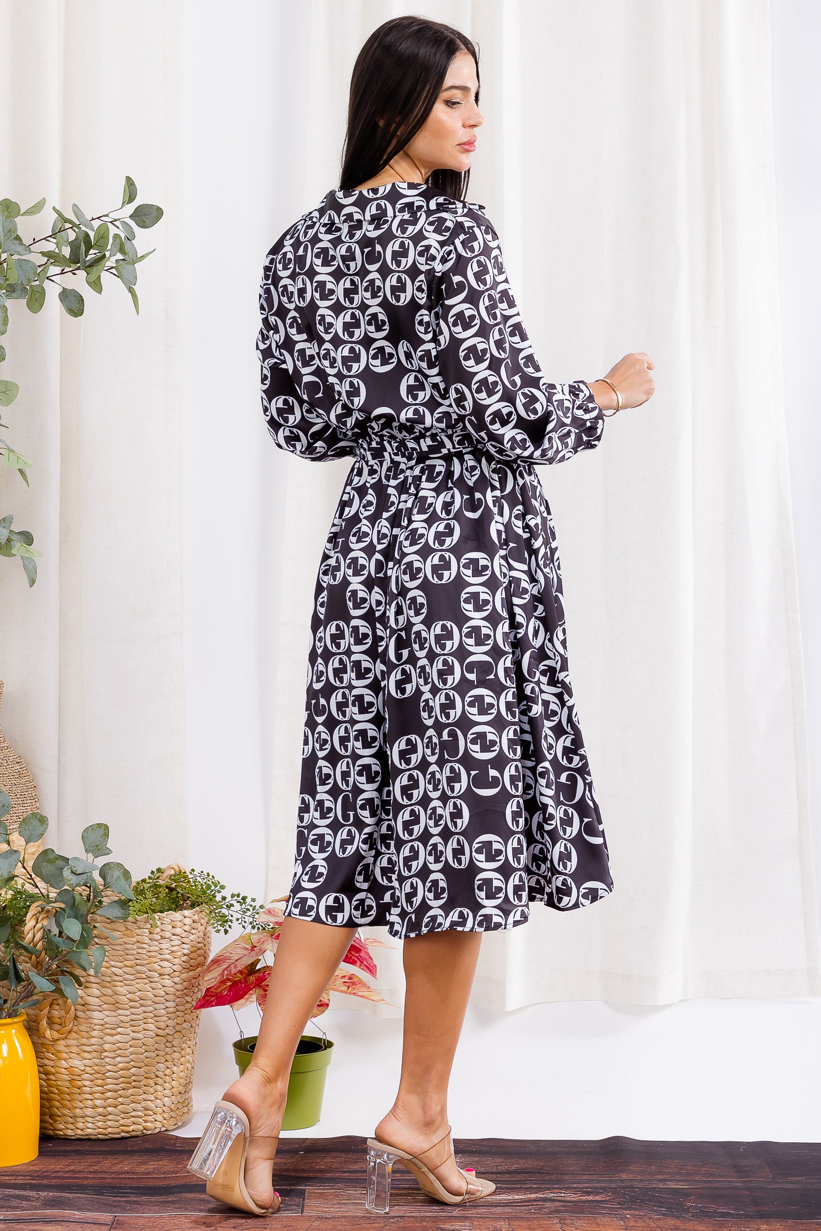 H003R-P Printed Button-Down Belted Midi Dress