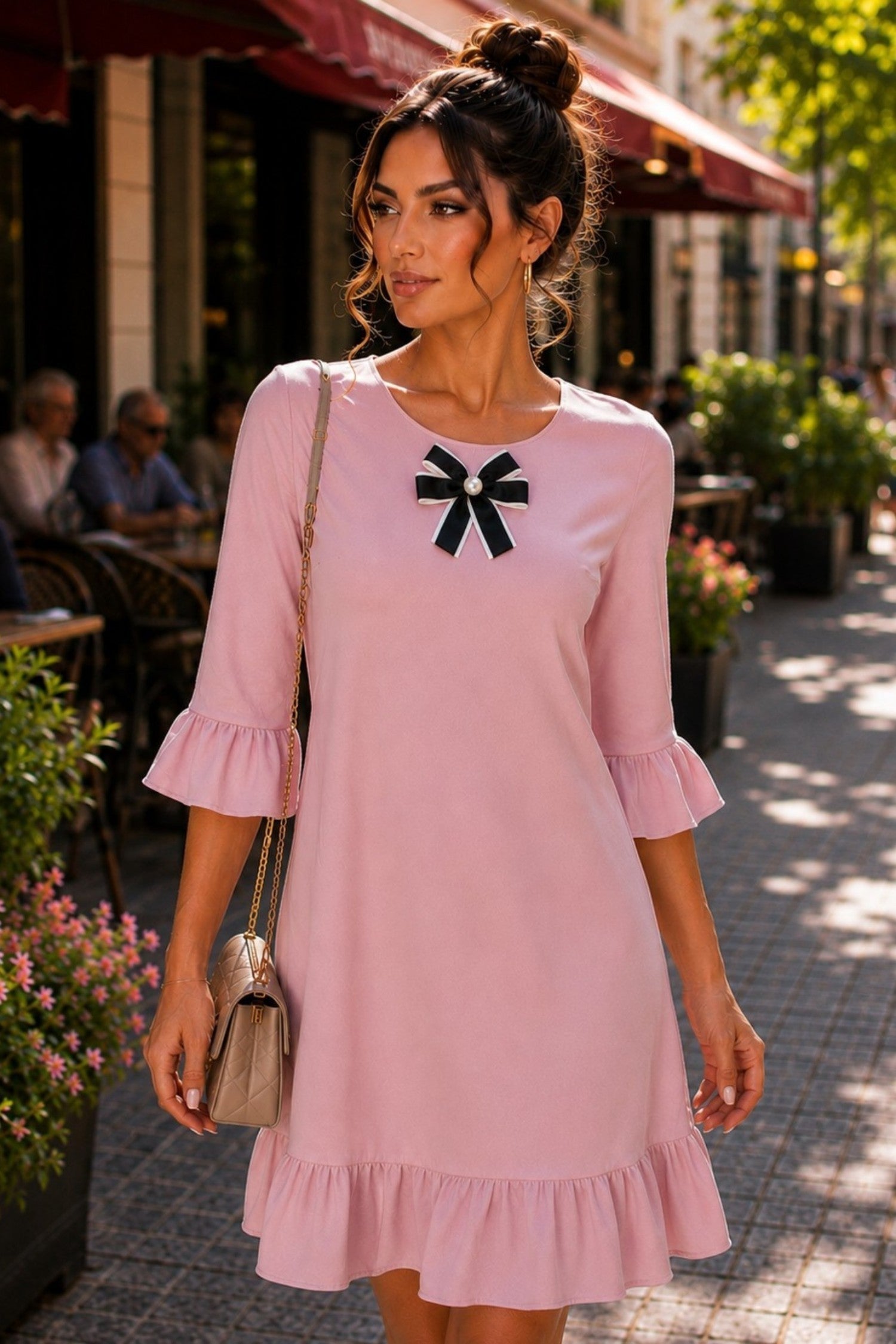 D251 - Bow Accent Ruffle Hem Shift Dress