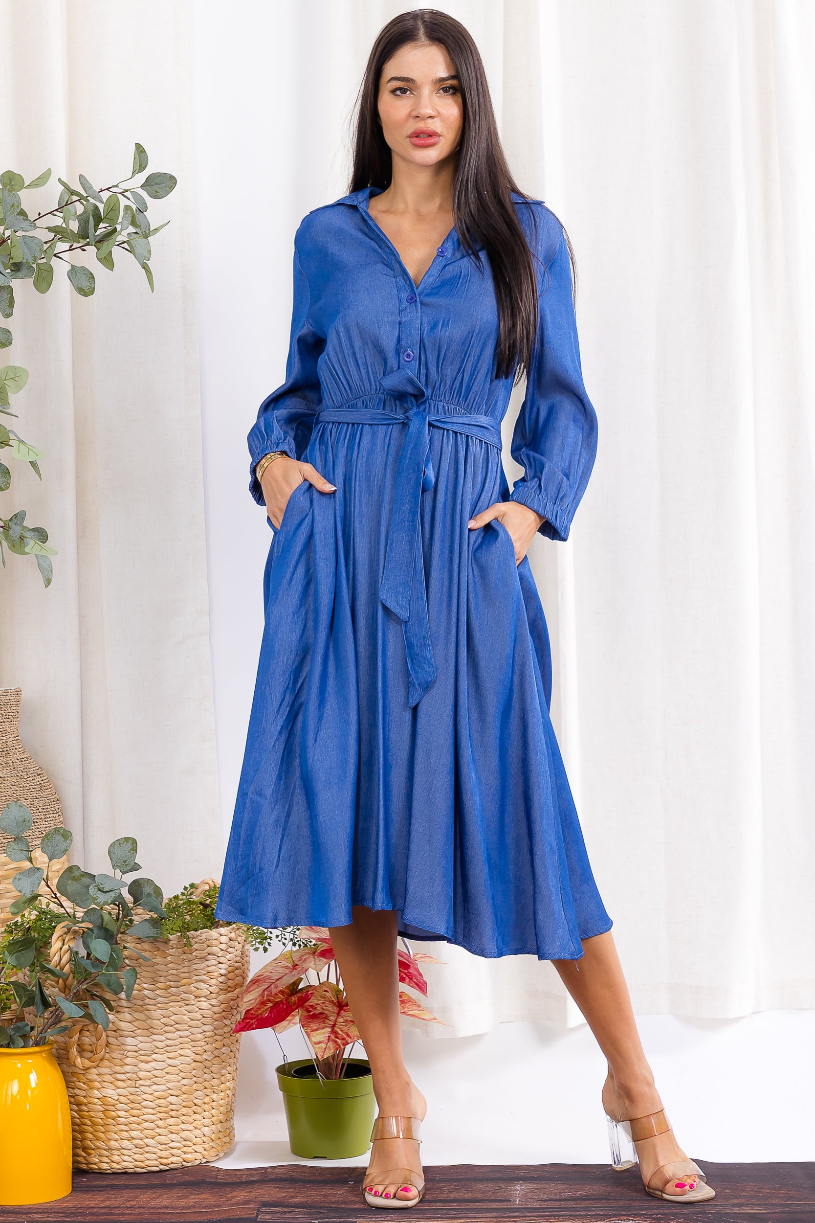 H003R-S Button-Down Belted Midi Dress