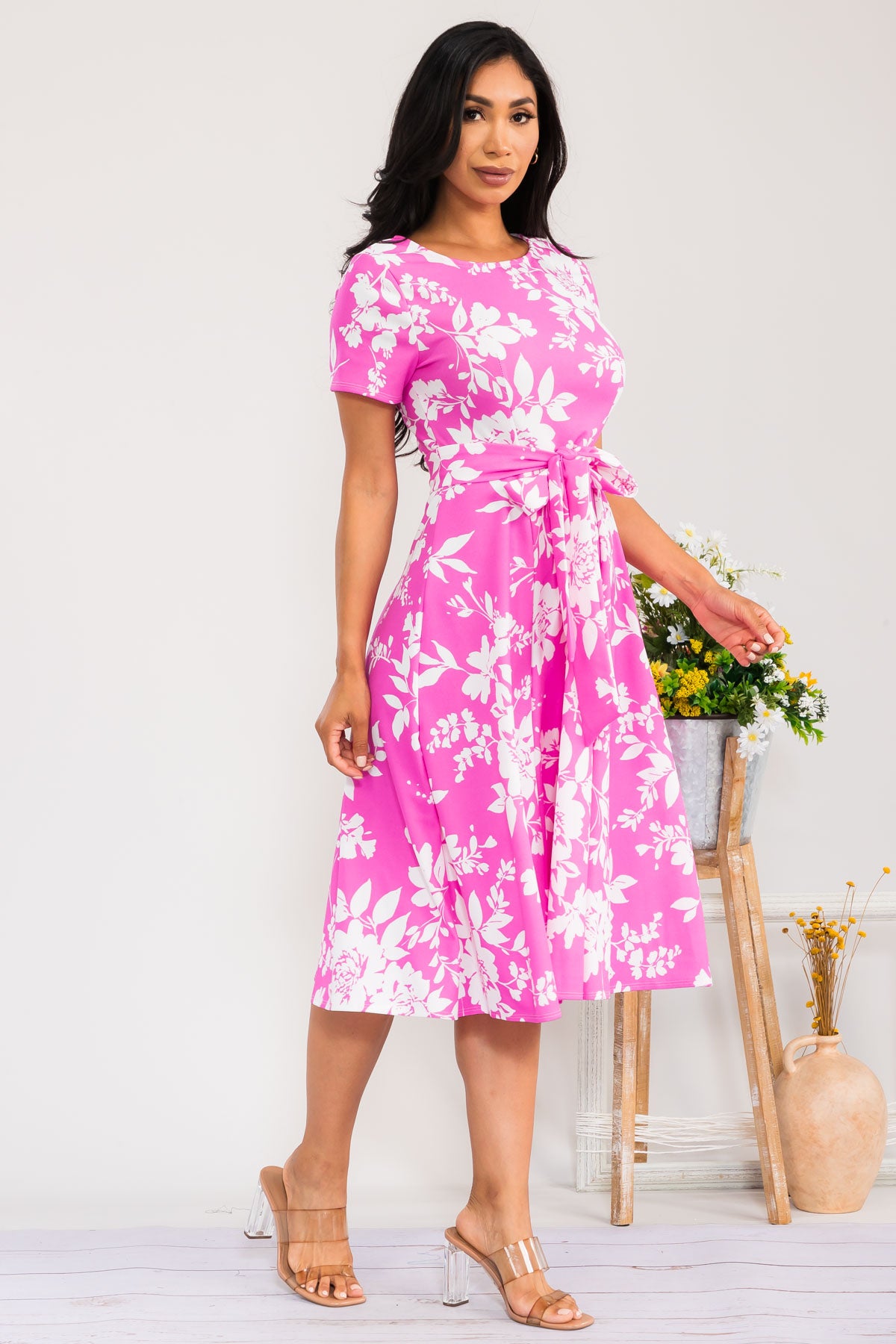 HH726R-FLOWER - SELF TIE CAP SLEEVE DRESS